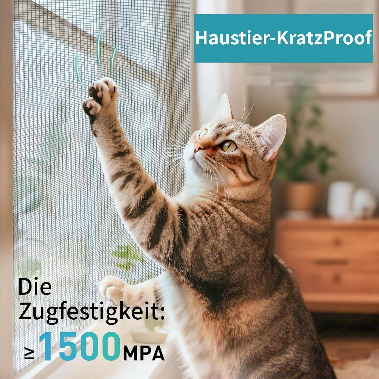 Tabby-Katze kratzt an einem Bildschirm mit der Aufschrift 'Haustier-KratzProof'; Text sagt 'Die Zugfestigkeit: ≥1500 MPa'.