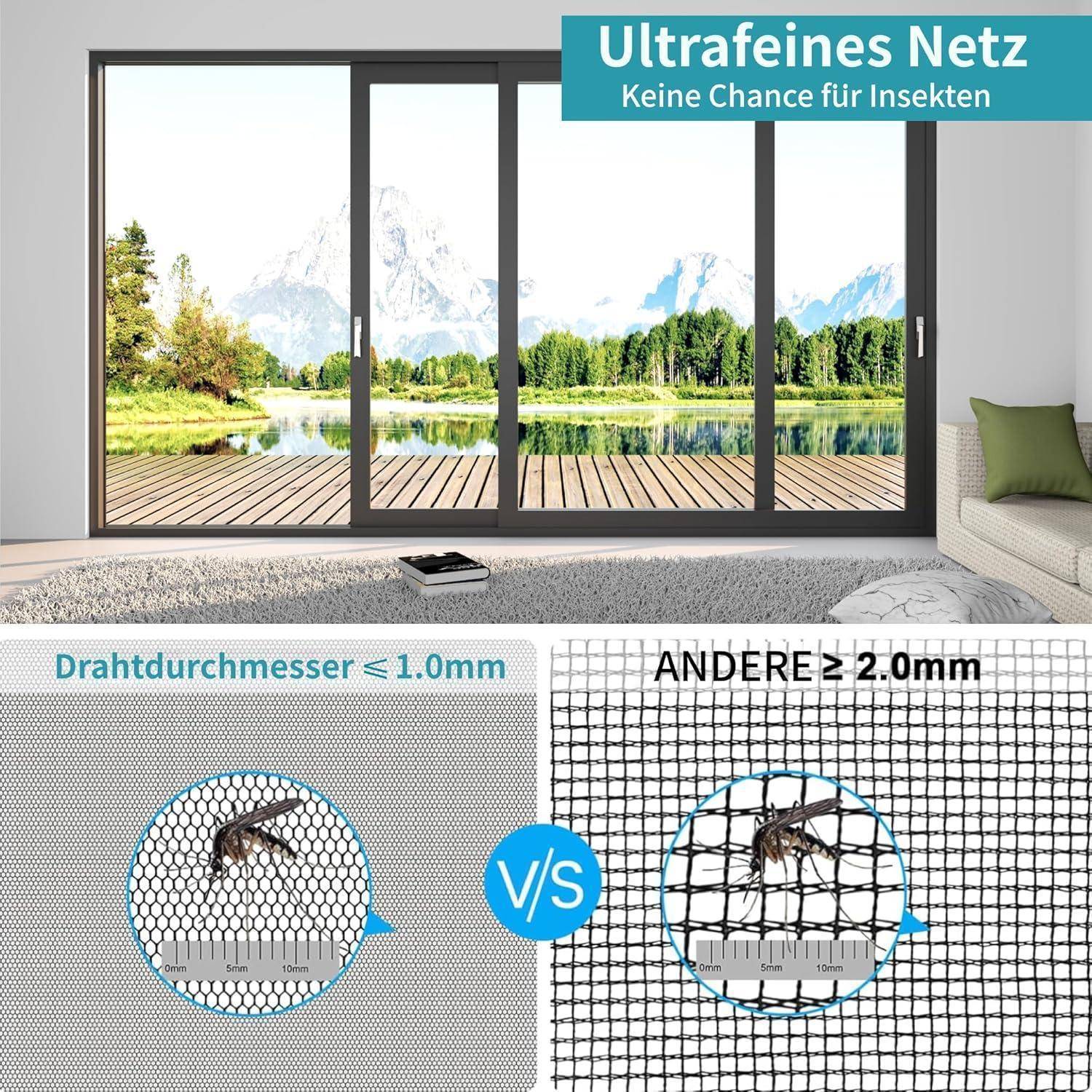 Werbeanzeige für ultrafeines Insektenschutzgitter, das eine Mücke zeigt, die durch „Drahtdurchmesser ≤ 1,0 mm