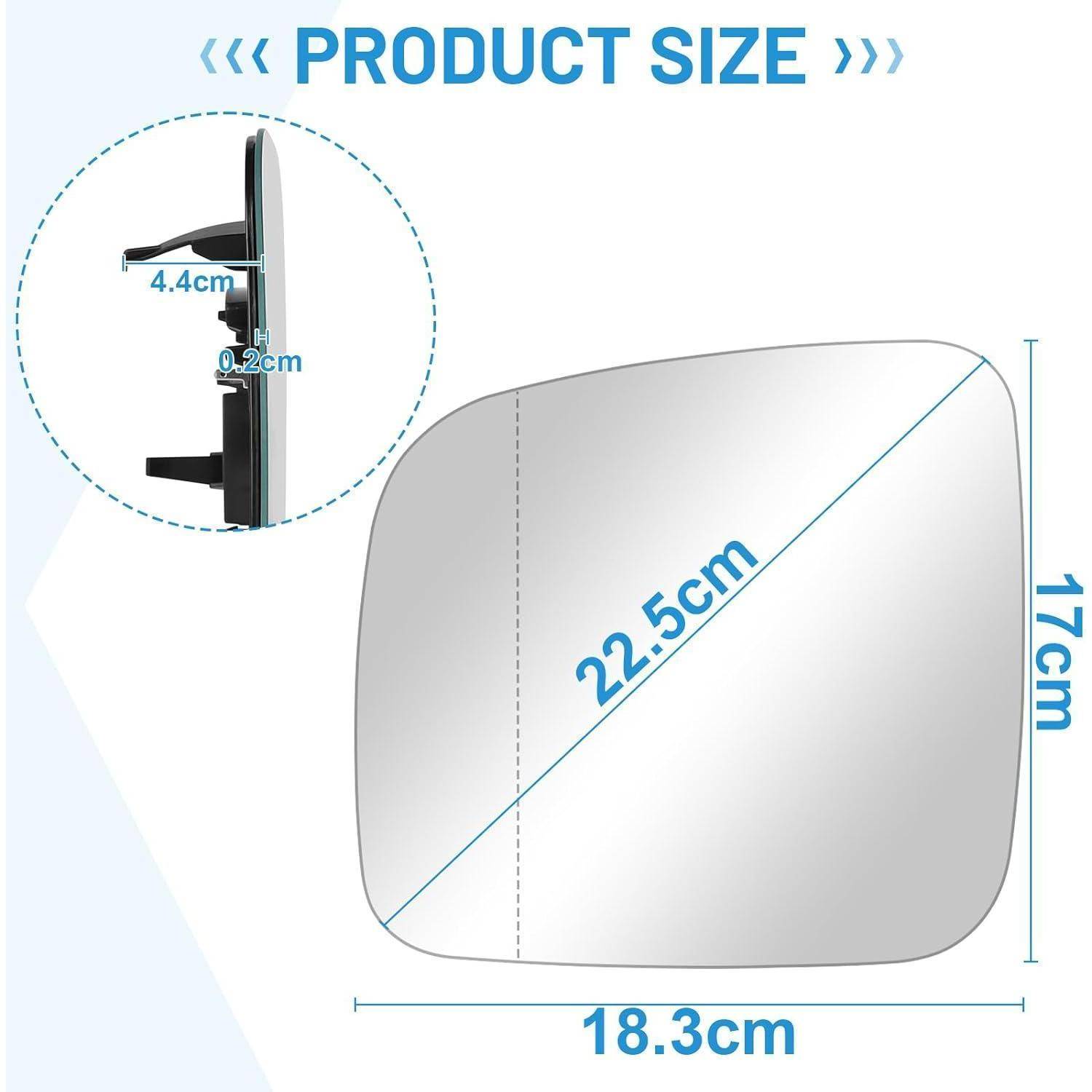 Produktgrößendiagramm zeigt einen quadratischen Spiegel oder ein Panel mit einer Diagonale von 22,5 cm, einer Breite von 18,3 cm und einer Höhe von 17 cm, mit einer Seitenprofiltiefe von 4,4 cm und einer Dicke von 0,2 cm.