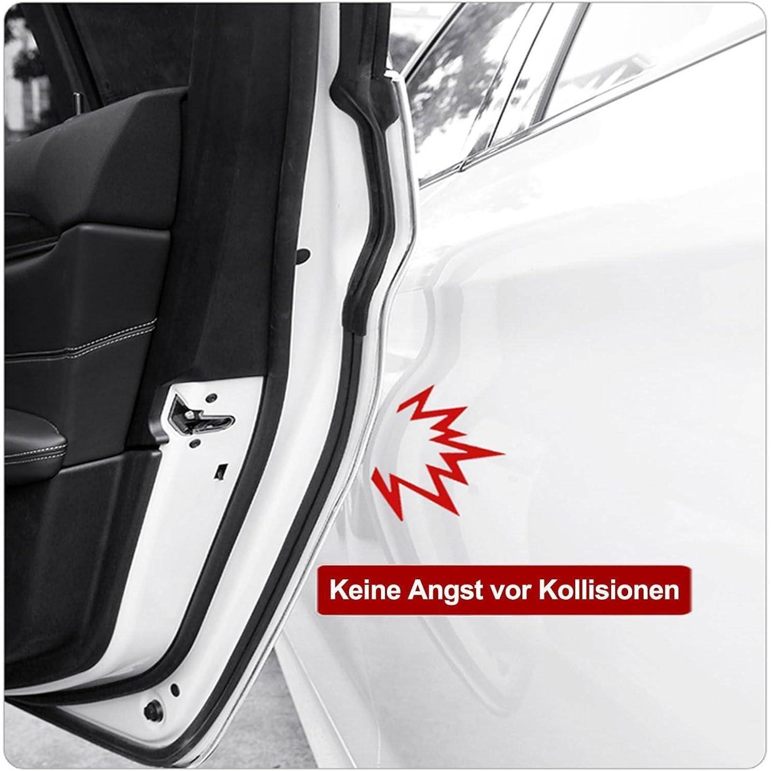 Autotür öffnen neben weißem Fahrzeug mit roter Warngrafikfür Aufprall und deutschem Text "Keine Angst vor Kollisionen"".