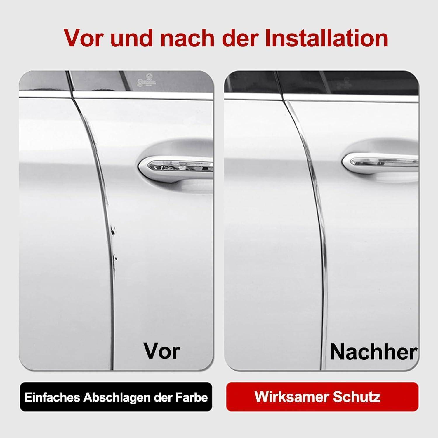Vorher und Nachher einer Autotürkante: Links zeigt die abgelöste Farbe vor der Installation, rechts zeigt die geschützte Kante nach der Installation.
