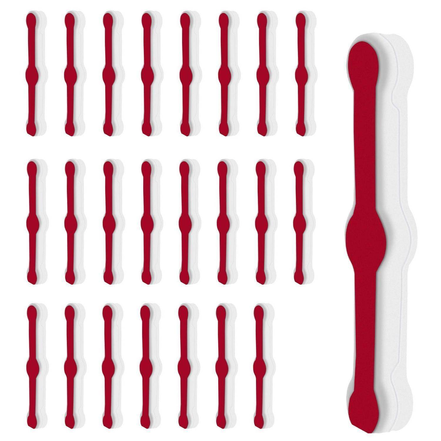Illustration von rot-weiß gefärbten medizinischen oder Laborproben: mehrere kleine Stäbe auf der linken Seite gruppiert und ein großer Stab auf der rechten Seite, was einen Größenvergleich oder Produktvariation suggeriert.