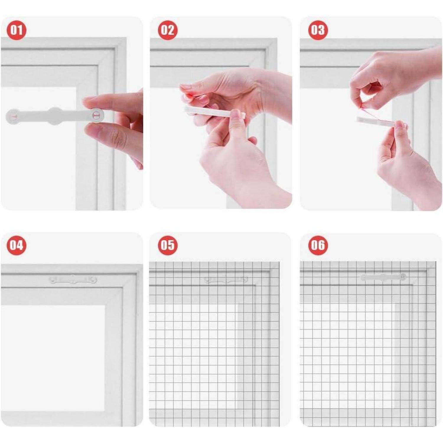 Schritt-für-Schritt-Anleitung zum Anbringen eines transparenten Klebebands an einem Fensterrahmen und zur Ausrichtung mit einem Rasteruntergrund für eine präzise Installation.