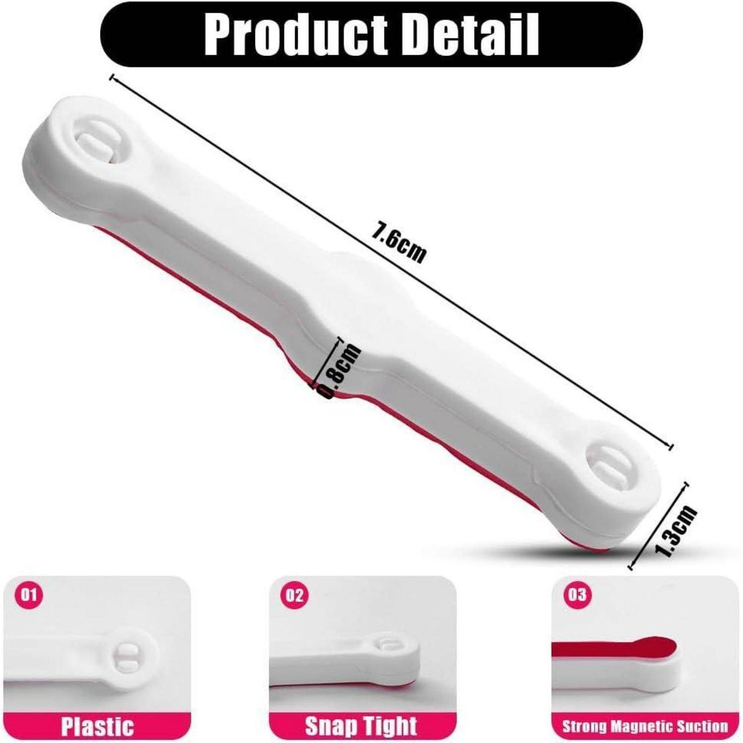 Produktdetailbild eines weißen und roten magnetischen Schnappverschluss-Riemens oder Griffs, dargestellt mit den Abmessungen 7,6 cm lang, 1,6 cm breit und 1,3 cm dick, gekennzeichnet mit Kunststoff, Schnappverschluss und starker magnetischer Saugkraft.