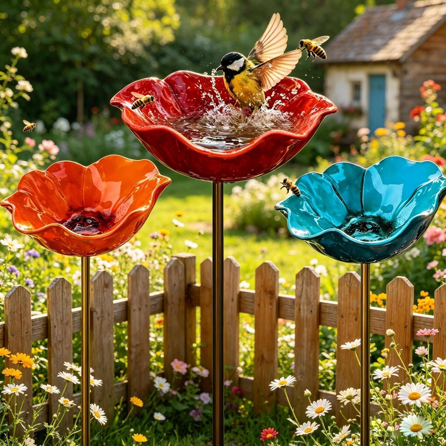 Drei bunte blütenförmige Vogeltränken auf Pfosten in einem Garten, mit Kolibris, die schweben, und einer, die sich im roten Becken neben einem Holzzaun badet.