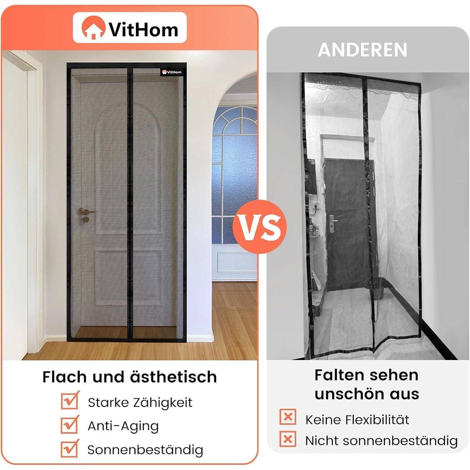 Nebeneinander Vergleichsanzeige von zwei Türfliegengittern: VitHom auf der linken Seite mit der Bezeichnung „Flach und ästhetisch