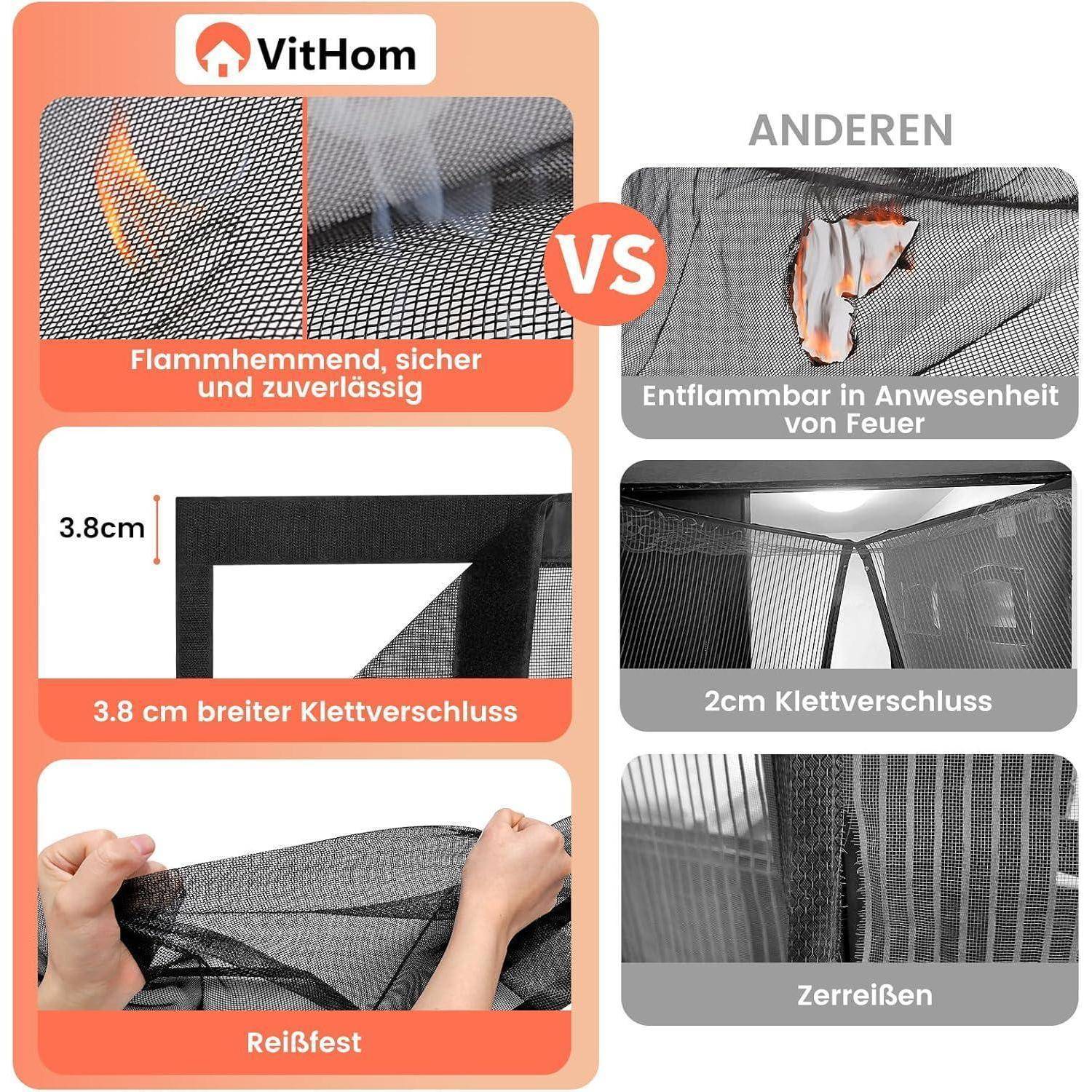 Vergleichsgrafik zwischen VitHom und einem anderen Produkt: VitHom ist flammhemmend, verfügt über einen 3,8 cm breiten Klettverschluss und ist reißfest, während das andere Produkt brennbar ist, einen 2 cm breiten Klettverschluss hat und leicht reißt.