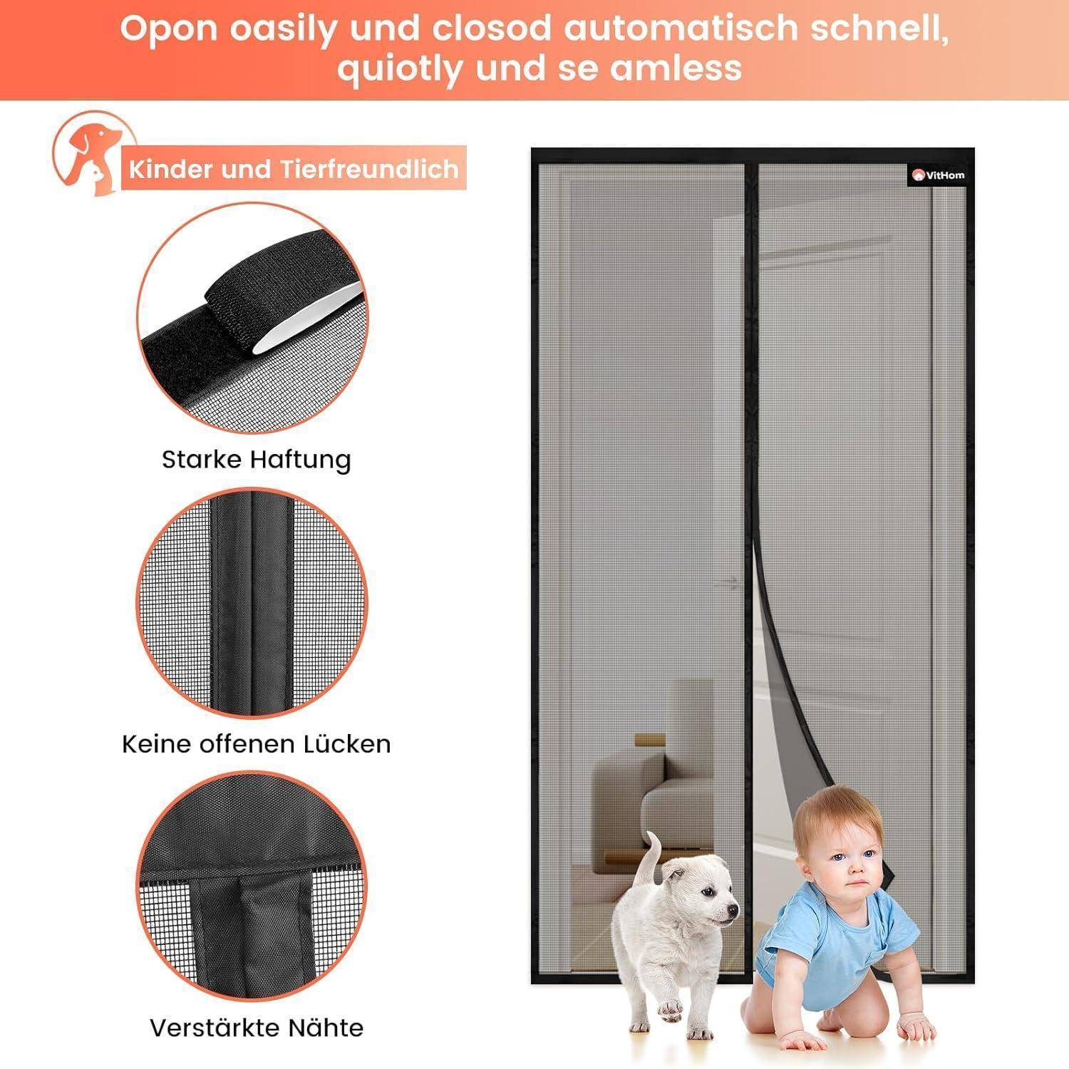 Werbebild einer magnetischen Fliegengittertür mit kindersicheren und haustiersicheren Funktionen, die starke Haftung, keine Spalten und verstärkte Nähte zeigt.