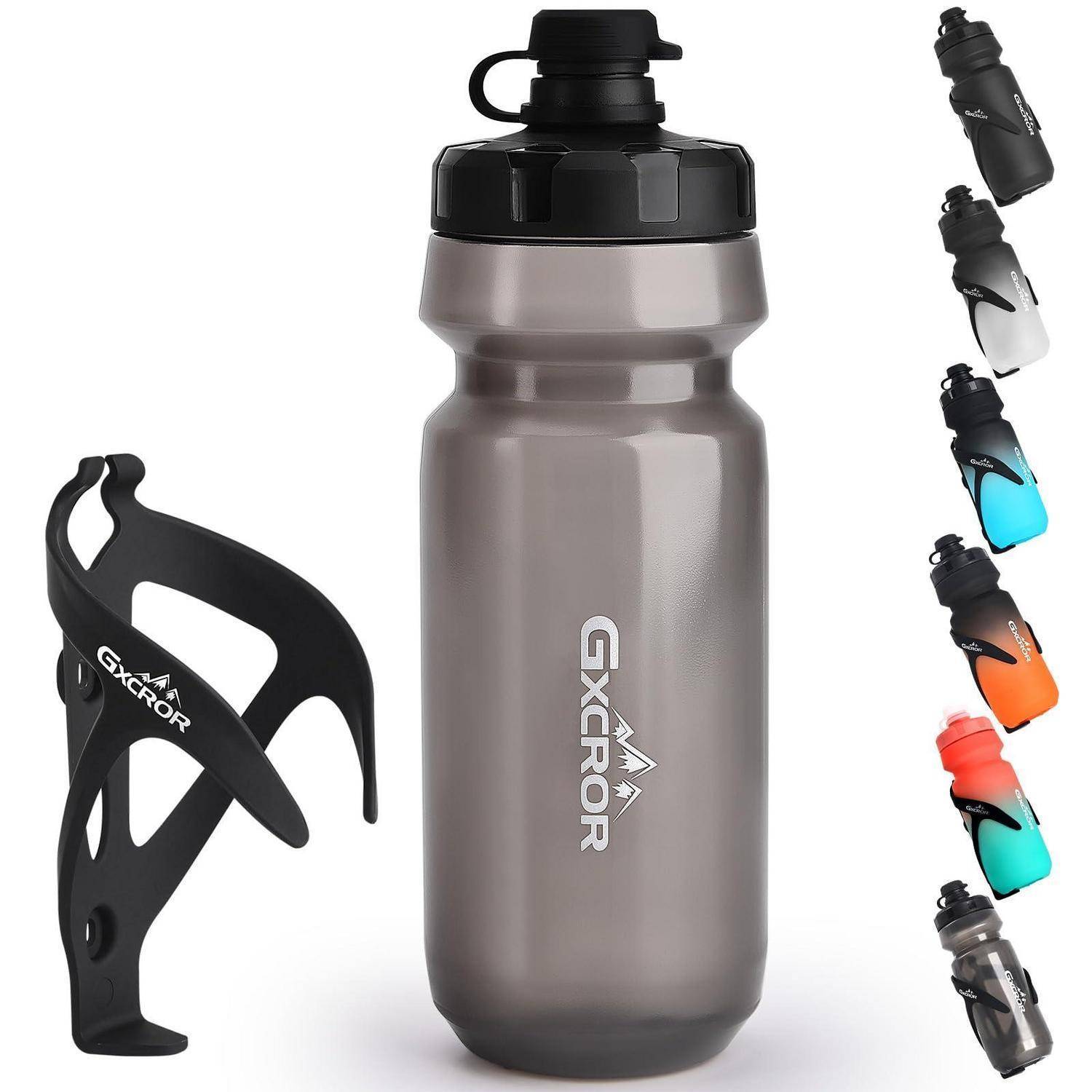 Graue Gxcror Sportstrinkflasche mit schwarzem Deckel und Seitenkäfig, gezeigt mit mehreren Farbvarianten auf der rechten Seite.