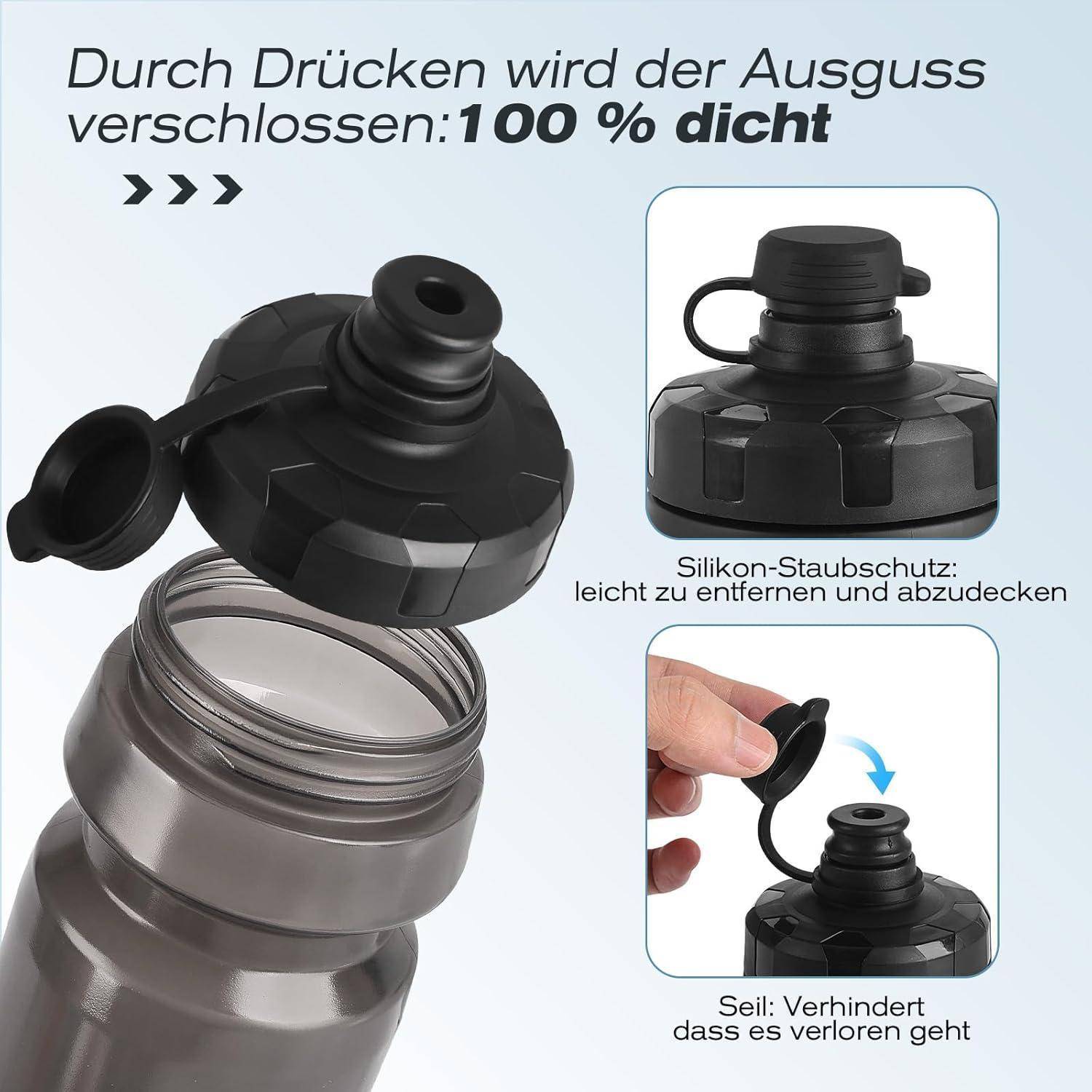 Illustration einer Wasserflaschenverschlusskappe mit einer Silikon-Staubschutzkappe, die den Ausguss zu 100 % dicht verschließt; die Vergrößerung zeigt die Kappe auf dem Verschluss und eine Hand, die sie sichert.