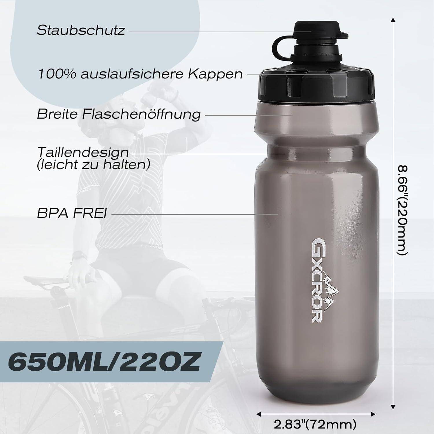 Graue GXCROR 650-ml-Wasserflasche mit schwarzem Deckel, auf Deutsch gekennzeichnet als staubdicht, auslaufsicher, breite Öffnung, leicht zu greifen, BPA-frei; 22 cm groß und 7,2 cm breit.