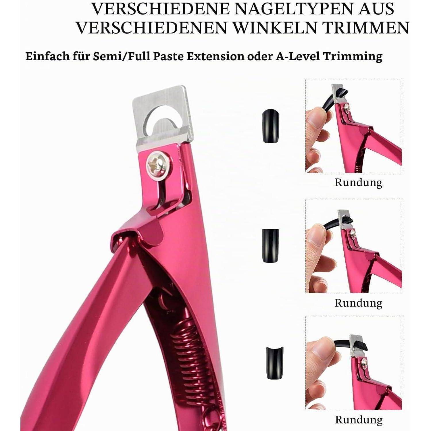 Instruktionsgrafik, die einen rosa Nagelknipser zeigt, der für 