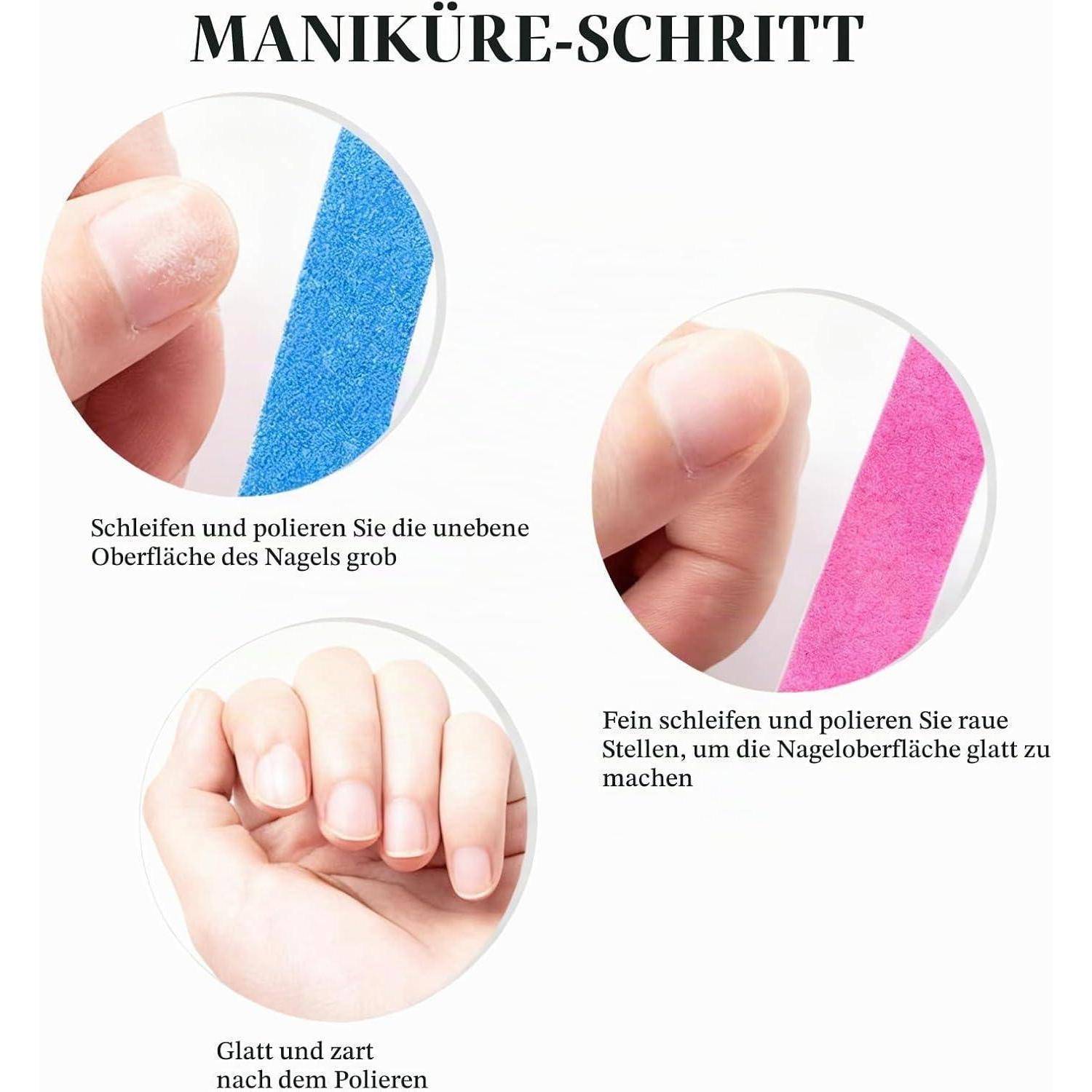 Deutsche Maniküre-Schritt-Infografik zur Nagelverstärkung und zum Polieren mit blauen und rosa Nagelfeilen sowie einem fertigen glatten, glänzenden Nagelergebnis.