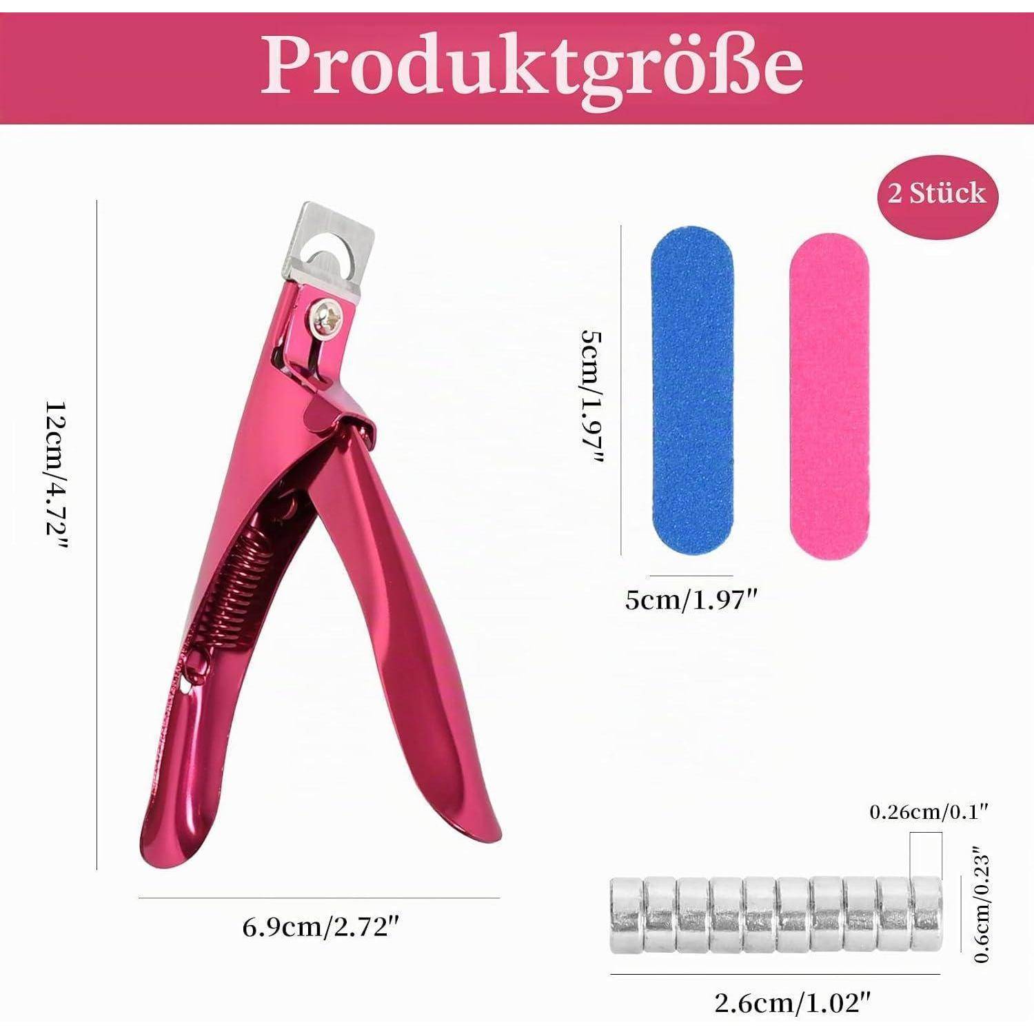 Produktgrößendiagramm mit einem rosa Nagelknipser, zwei Ersatzgriffen und einem kleinen Magnetstreifen, mit Abmessungen in cm und Zoll gekennzeichnet.
