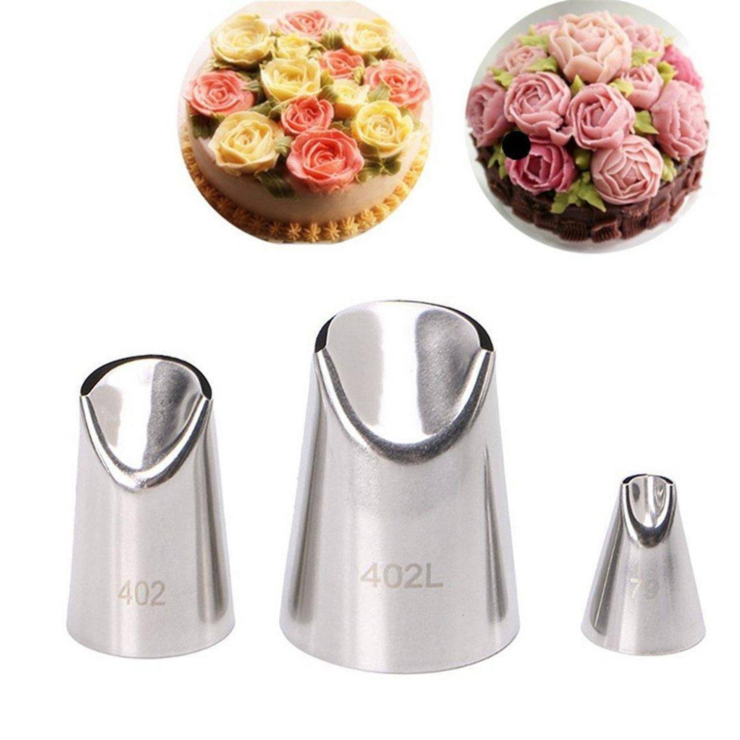 Satz von drei Edelstahl-Blumenverzierungstüllchen mit beispielhaften Frosterosen-Kuchen darüber