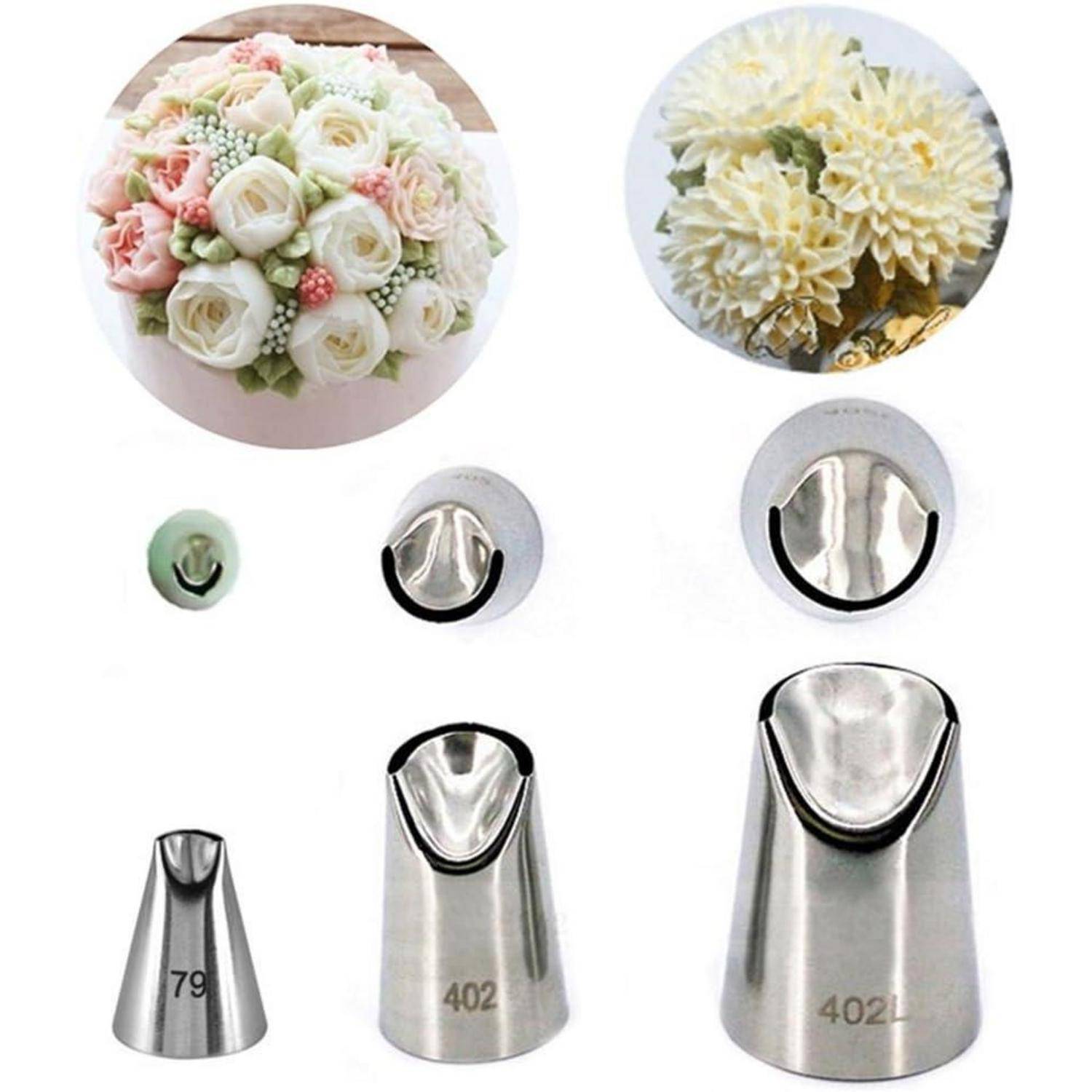 Satz von Metallspritztülen zum Verzieren von Kuchen, gezeigt mit Beispielen von gespritzteten Blumensträußen und mehreren Spritztülgrößen.