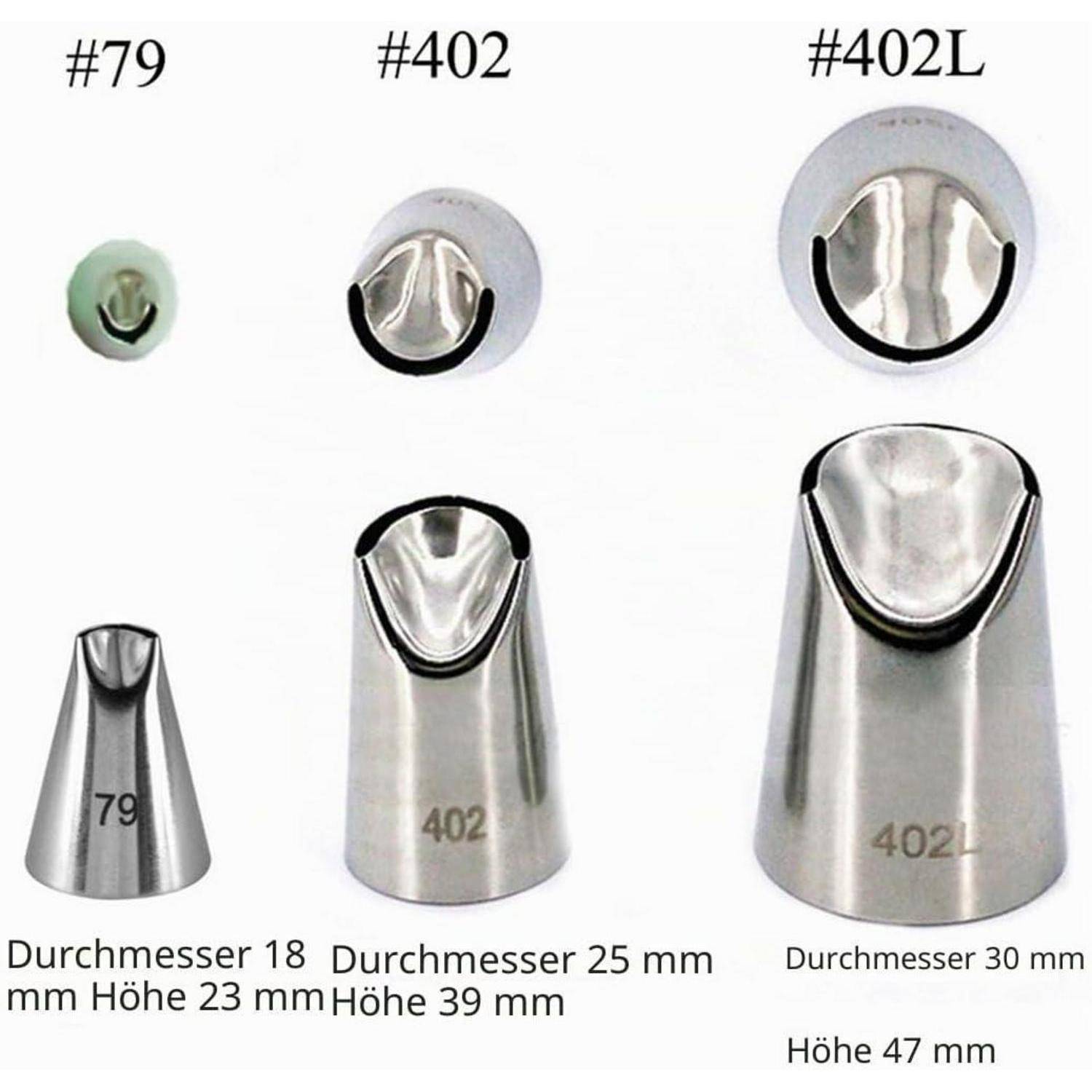Produktvergleichsbild mit drei Edelstahl-Spritztüten mit den Bezeichnungen #79, #402 und #402L mit den Größen: 18 mm x 23 mm, 25 mm x 39 mm und 30 mm x 47 mm.