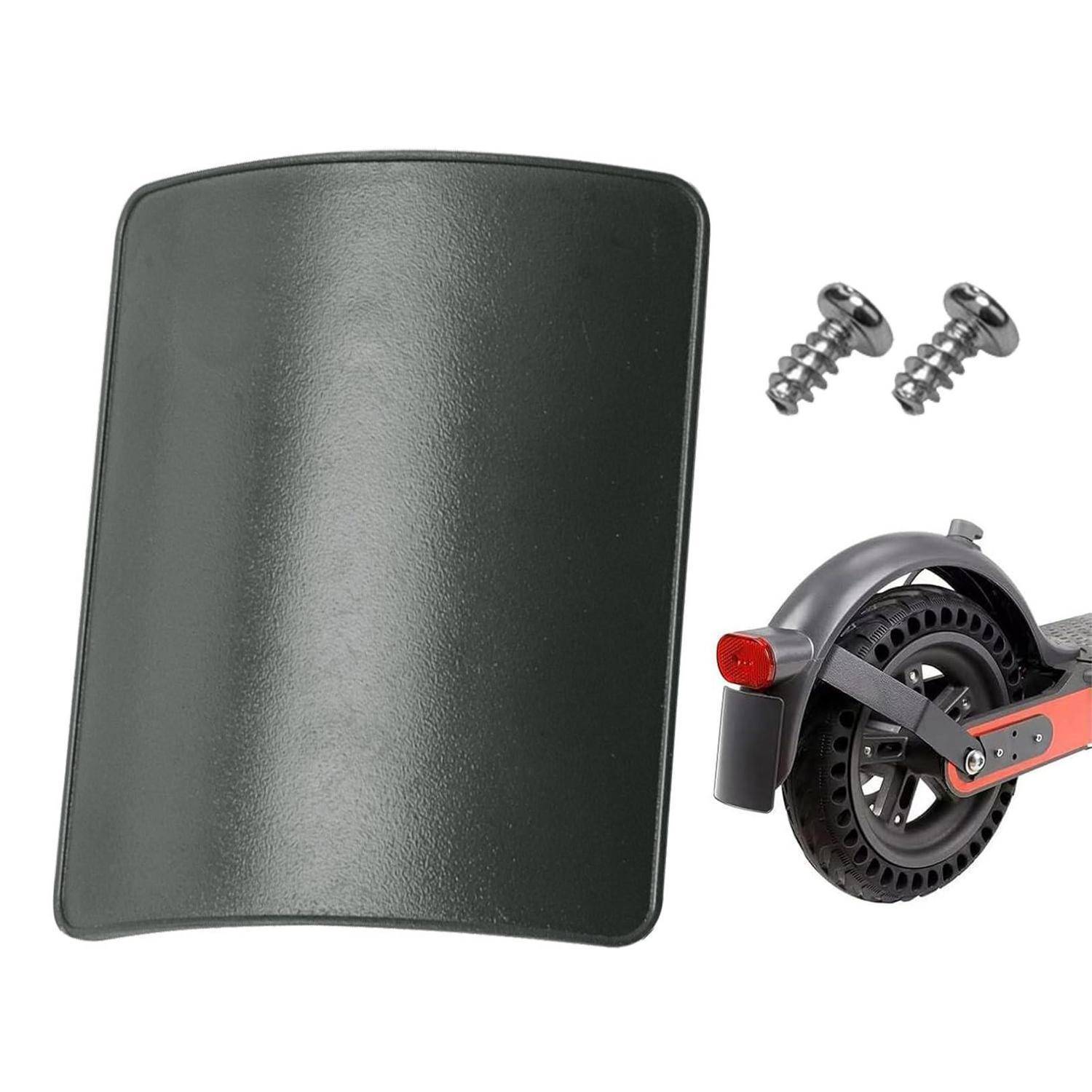 Ersatz-Roller-Schutzblech-Kit mit schwarzer gebogener Kunststoffschutzvorrichtung, zwei Schrauben und einer angezeigten Hinterrad-/Motoreinheit zur Montage.