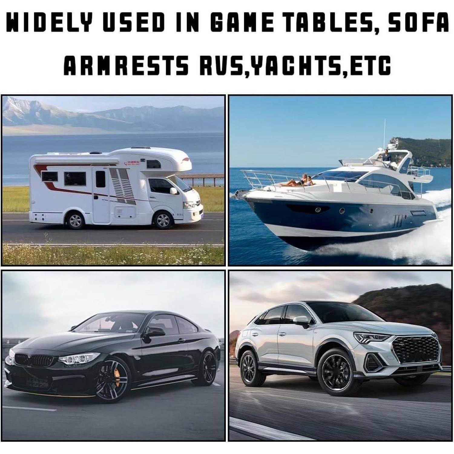 Collage aus einem Wohnmobil, einer Yacht, einem schwarzen Coupé und einem SUV mit der Beschriftung „HÄUFIG VERWENDET IN SPIELTISCHEN, SOFAARMLEHNEN, WOHNMOBILEN, YACHTEN, USW