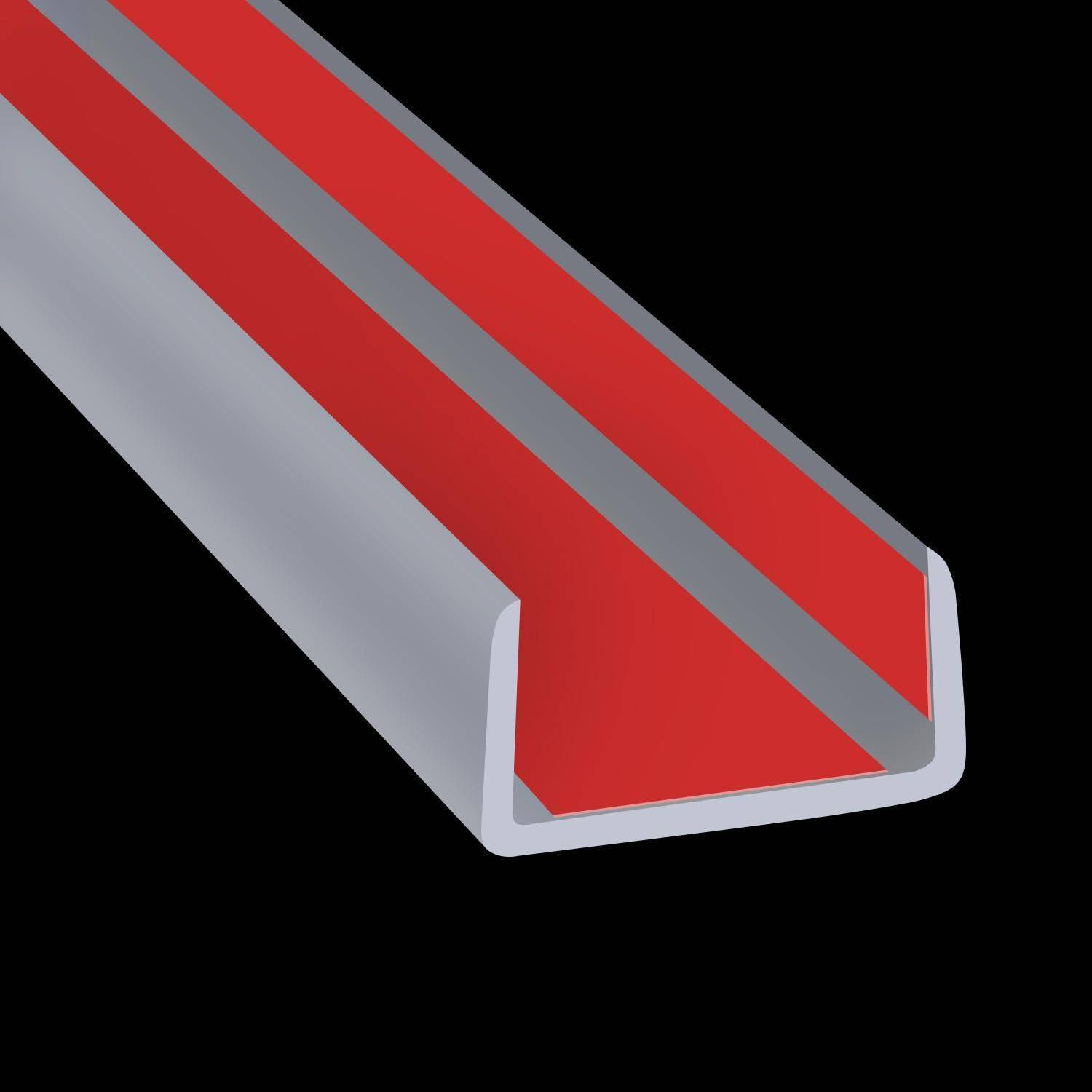 Roter metallischer U-förmiger Kanal oder Balken auf schwarzem Hintergrund, in Perspektive dargestellt mit grauen Kanten.