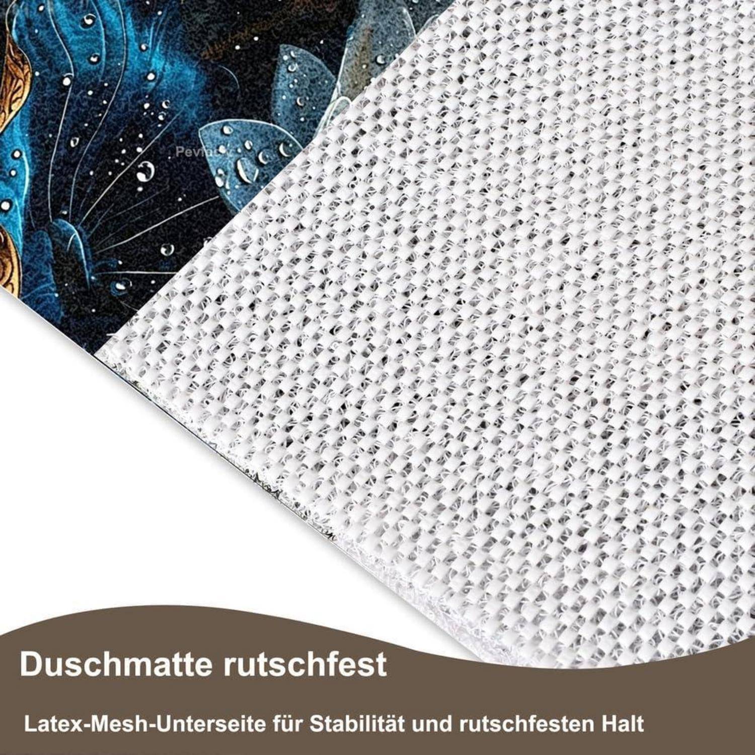 Produktbild einer rutschfesten Duschmatte, das die strukturierte Latex-Mesh-Unterseite und den deutschen Text „Duschmatte rutschfest