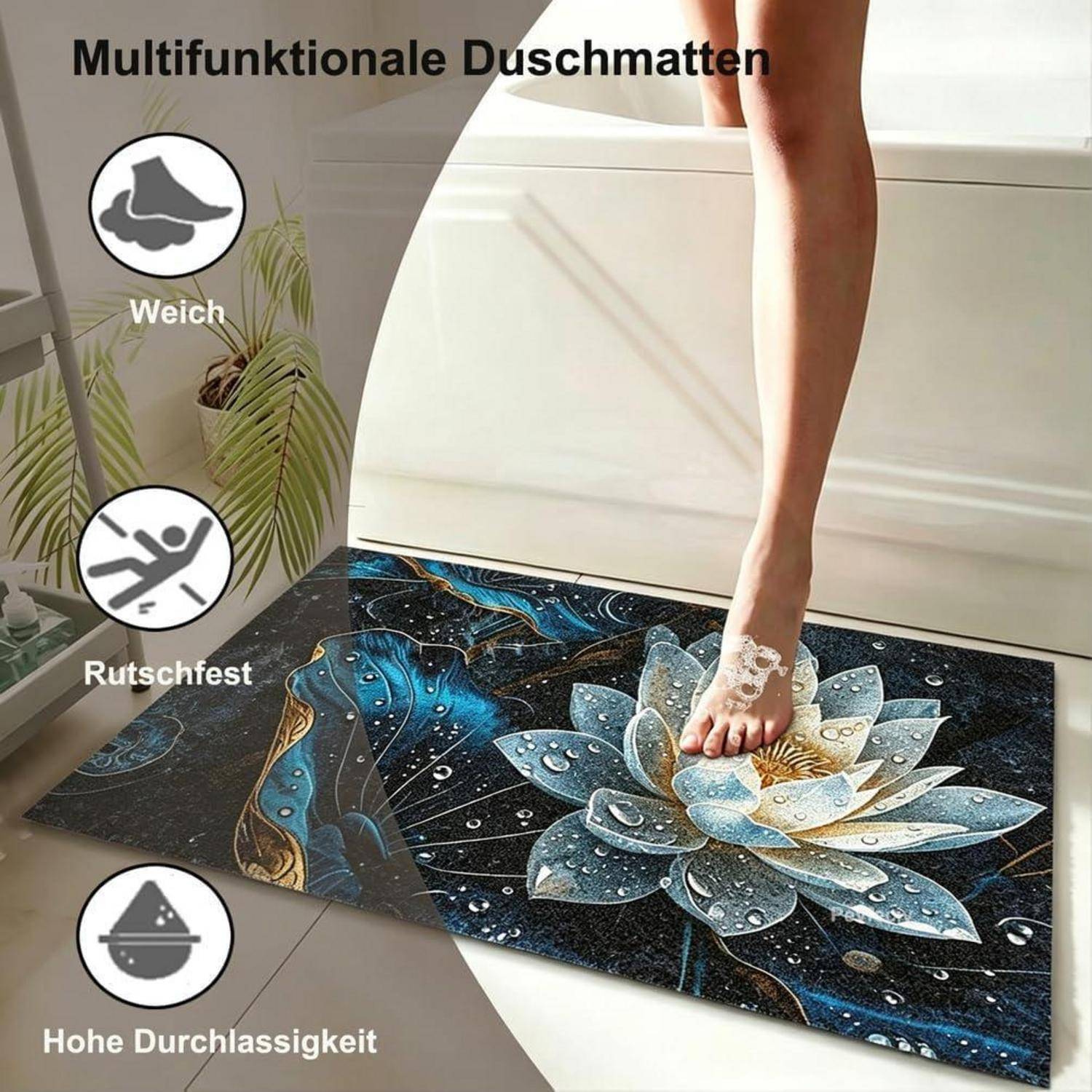 Mehrzweck-Bodenmatte mit Fuß auf einem Lotus-Design; deutsche Etiketten besagen weich, rutschfest und hochgradig wasserdurchlässig.