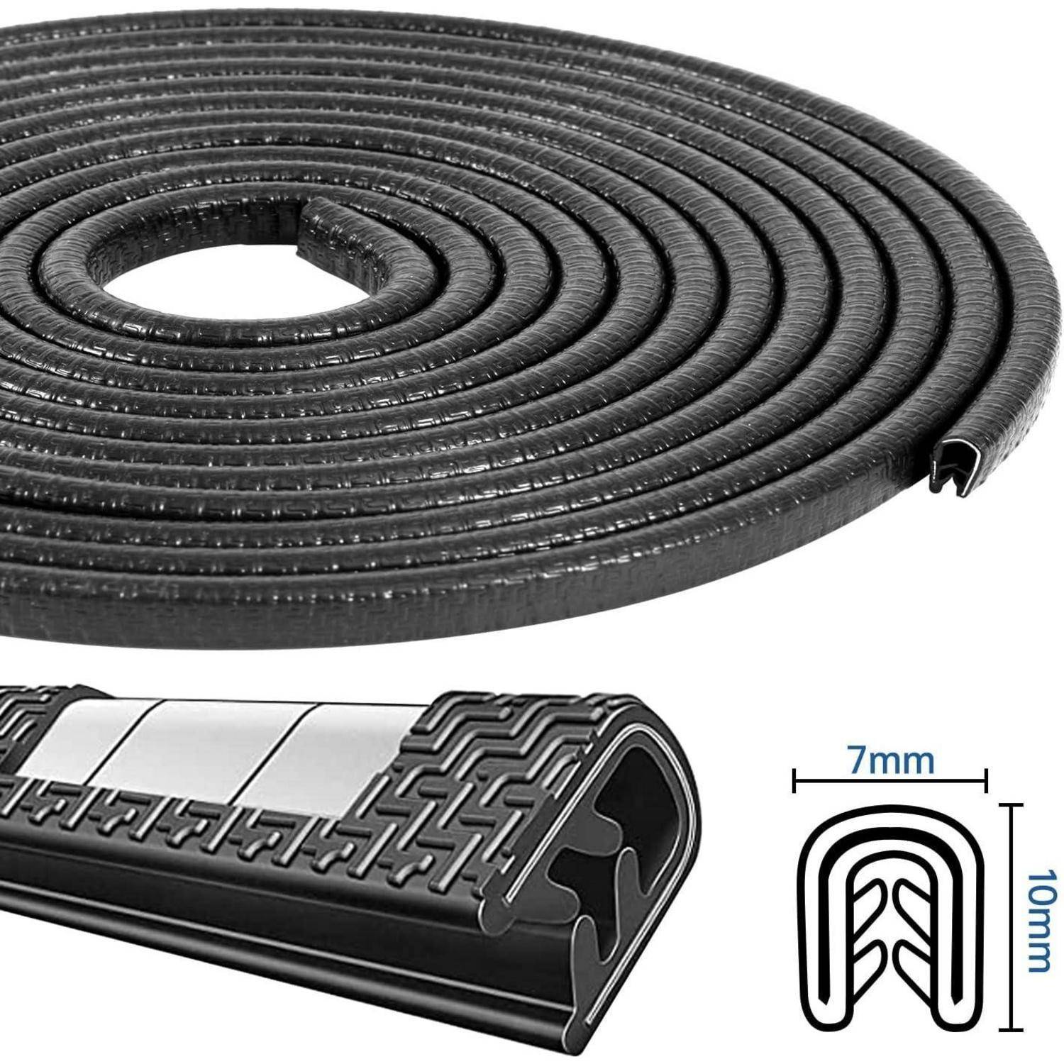 Schwarze flexible Gummirandleiste dargestellt in aufgerollter Form und im Querschnitt, mit U-förmigem Profil in den Abmessungen 7 mm breit mal 10 mm hoch.