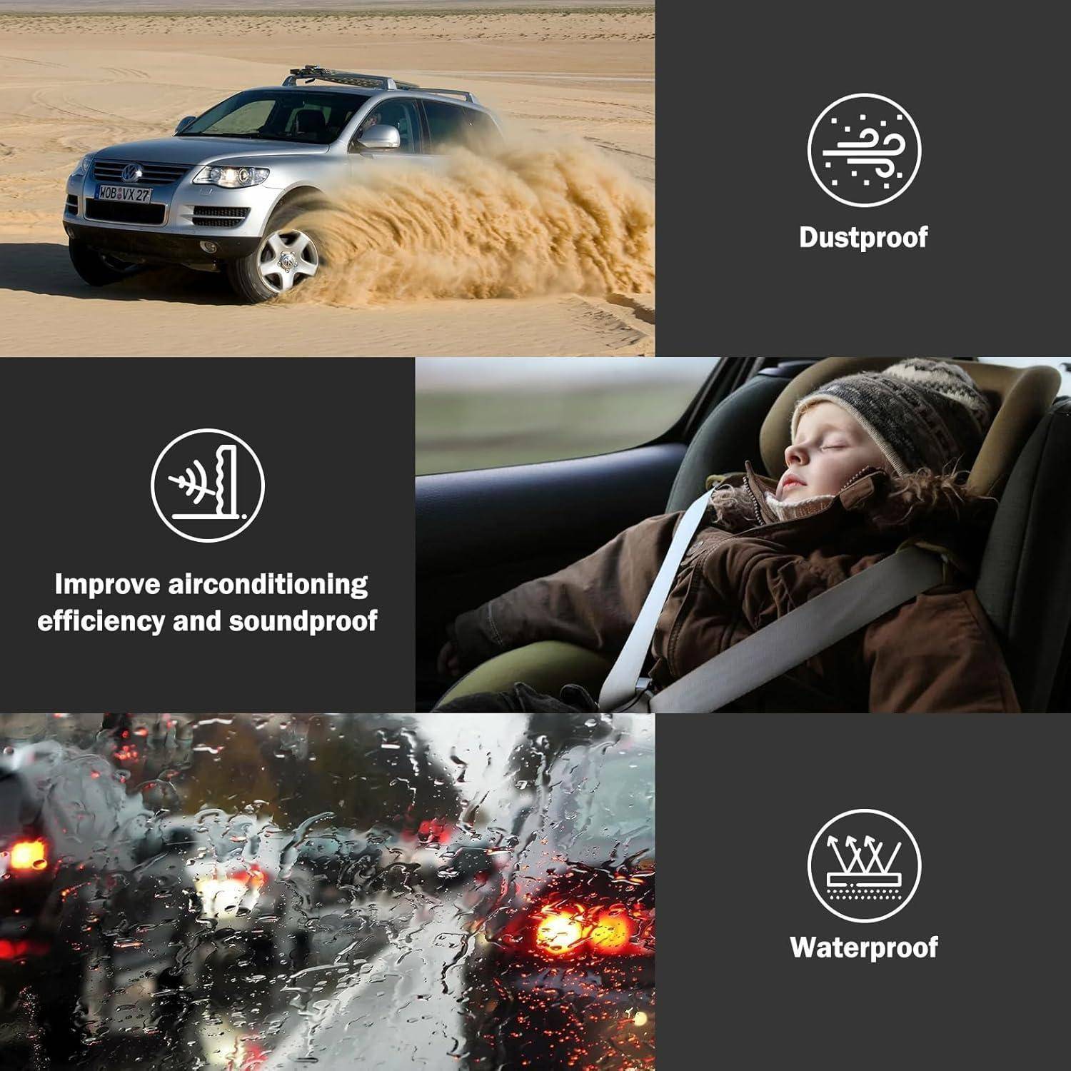 Drei-Panel-Produktanzeige, die die Vorteile von Autofußmatten zeigt: Staubdicht, verbesserte Klimaanlage-Effizienz und Schalldämmung, sowie wasserdicht.