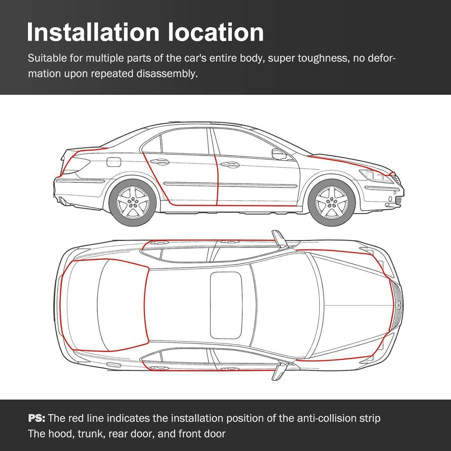 Diagramm eines Fahrzeugs mit den Installationspunkten der Stoßschutzleiste. Rote Linien kennzeichnen die Motorhaube, den Kofferraum, die Hintertür und die Vordertür.