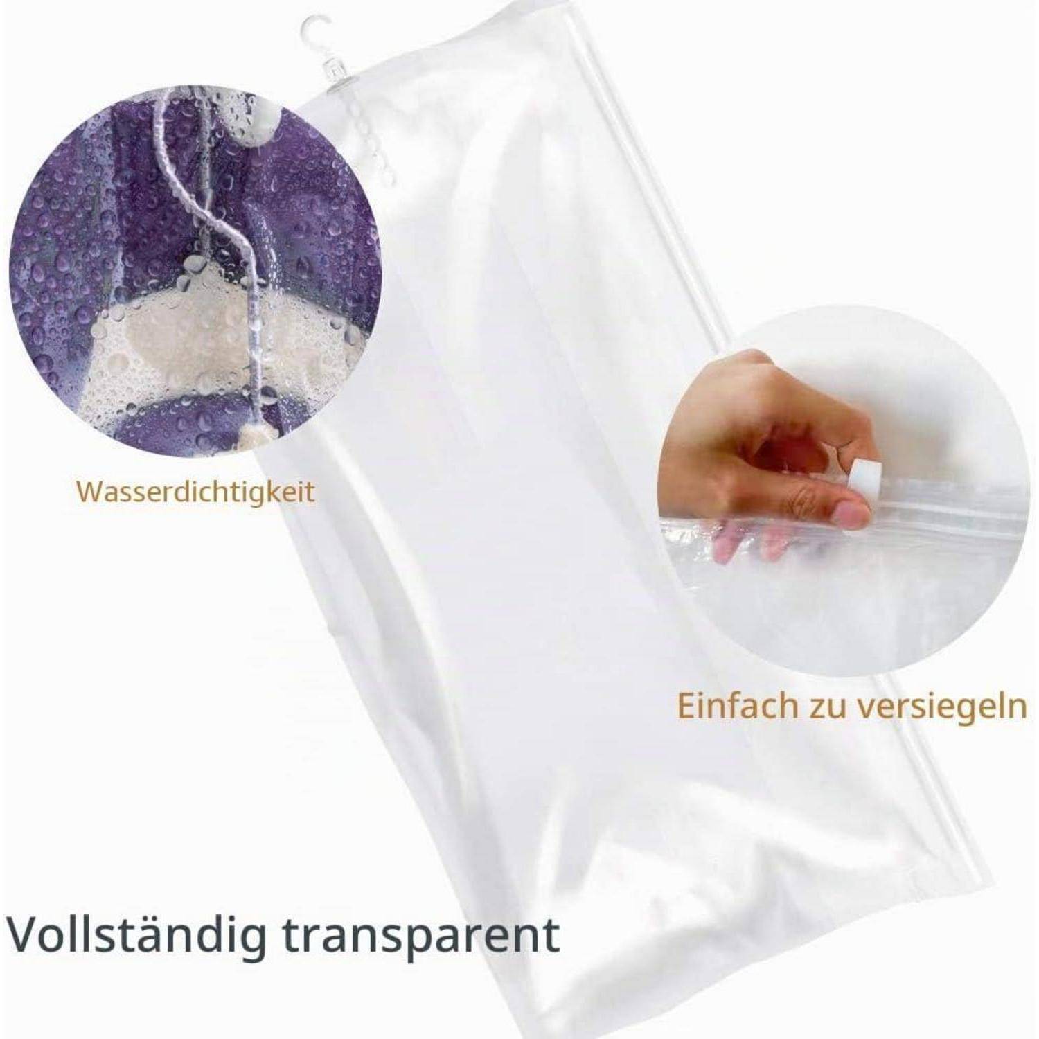 Transparente wasserdichte Tasche mit einfach zu verschließendem Verschluss; die Vergrößerung zeigt die Wasserfestigkeit und eine Hand, die die Oberseite versiegelt.
