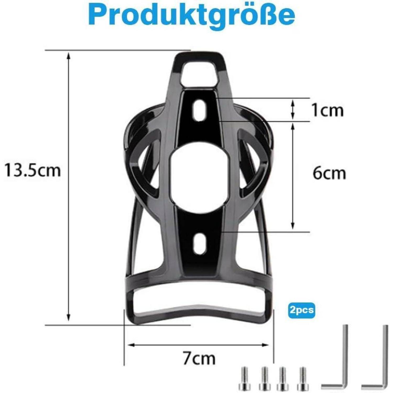 Produktgrößendiagramm eines schwarzen Flaschenhalters: 13,5 cm hoch, 7 cm breit, 6 cm Mittenhöhe, 1 cm oberer Spalt, enthält 2-teiliges Set und Befestigungsschrauben.