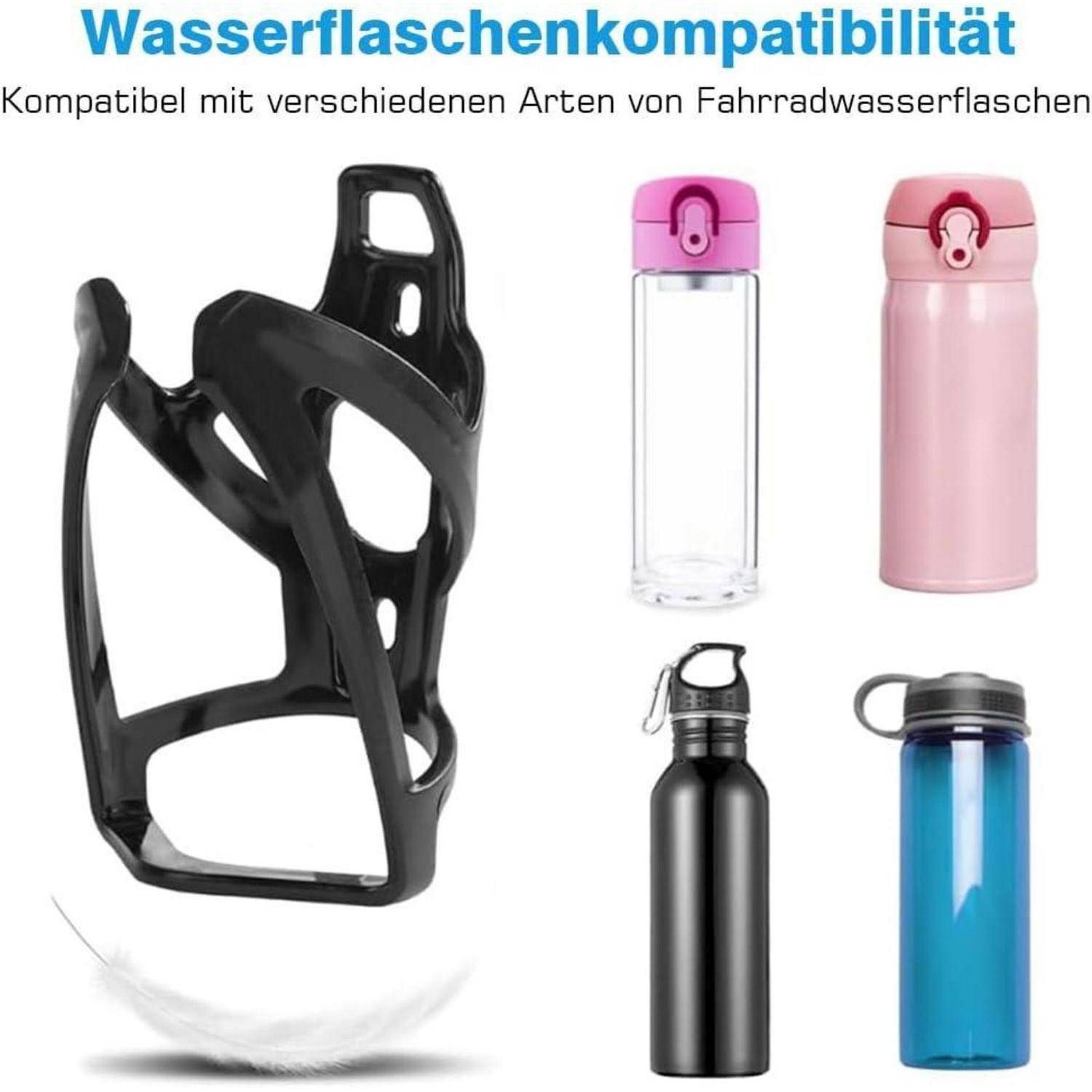Fahrrad-Flaschenhalter mit kompatiblen Flaschentypen, einschließlich transparenter, rosa, schwarzer und blauer Flaschen; deutscher Text besagt 