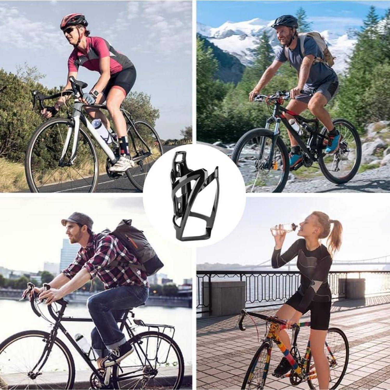 Collage von Radfahrern, die einen leichten Flaschenhalter an Rennrädern in Outdoor-Fahrszenen verwenden, zentriert auf ein Schwarz-Weiß-Produktbild eines Fahrrad-Flaschenhalters.