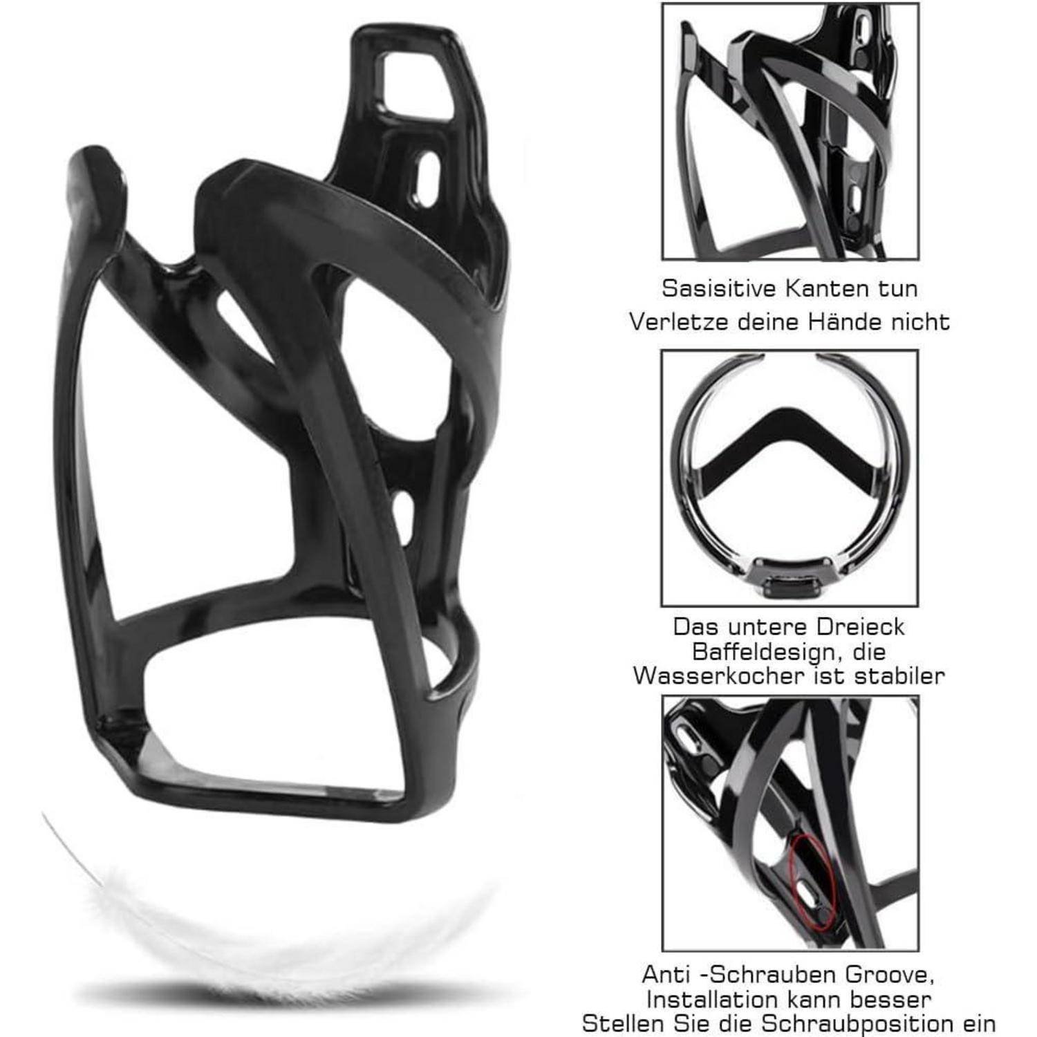 Schwarzer Fahrrad-Wasserflaschenkäfig mit eingefügten Nahaufnahmen, die abgerundete sichere Kanten, stabilen Flaschengriff und Design mit Anti-Rutsch-Nut hervorheben.