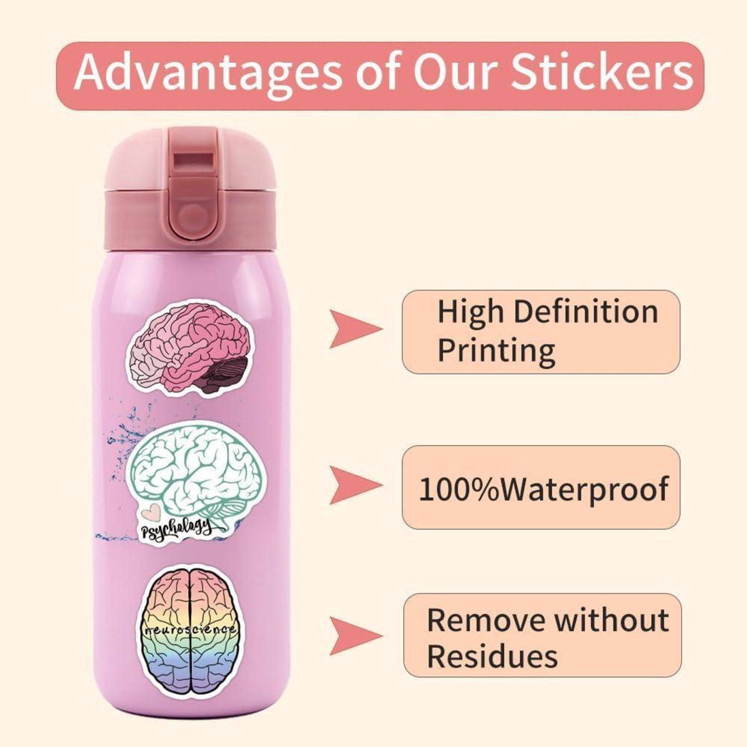 Infografik einer rosa Wasserflasche mit Gehirn-Aufklebern, mit dem Titel „Vorteile unserer Aufkleber
