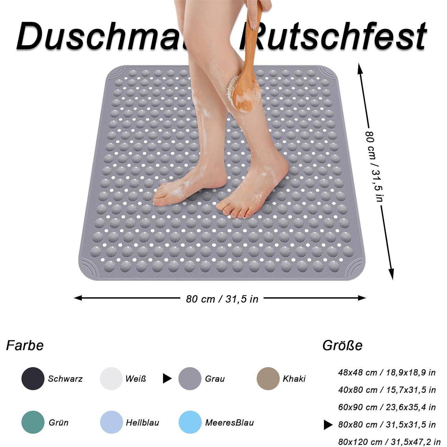 Produktabild einer quadratischen rutschfesten Duschmatte mit Saugnapfpunkten, gezeigt mit einem Fuß zur Größenangabe; gekennzeichnet als „Duschmatte / Rutschfest