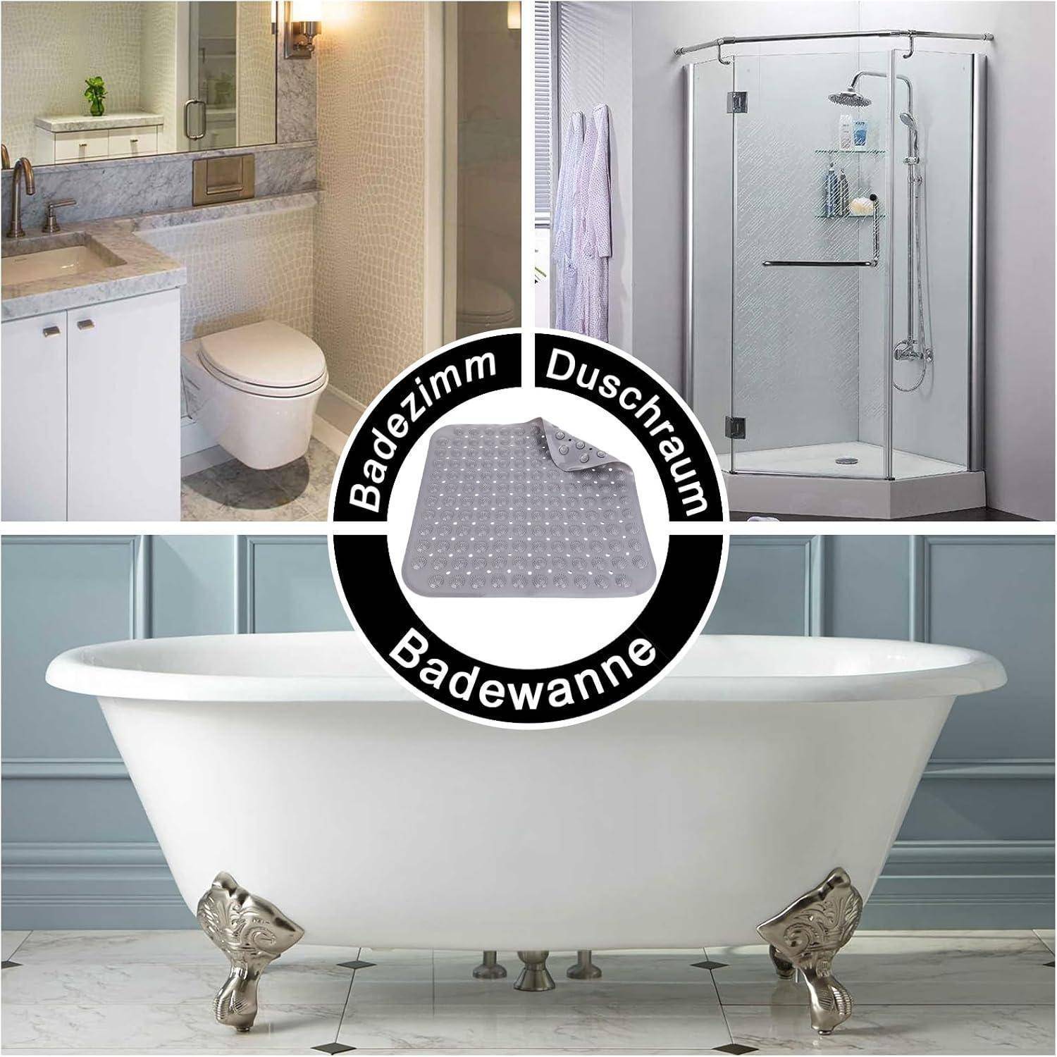 Collage aus Badezimmerarmaturen: eine Toilette und ein Waschbecken, eine Glasdusche und eine freistehende Badewanne, beschriftet für die Verwendung im Badezimmer, in der Dusche und in der Badewanne.