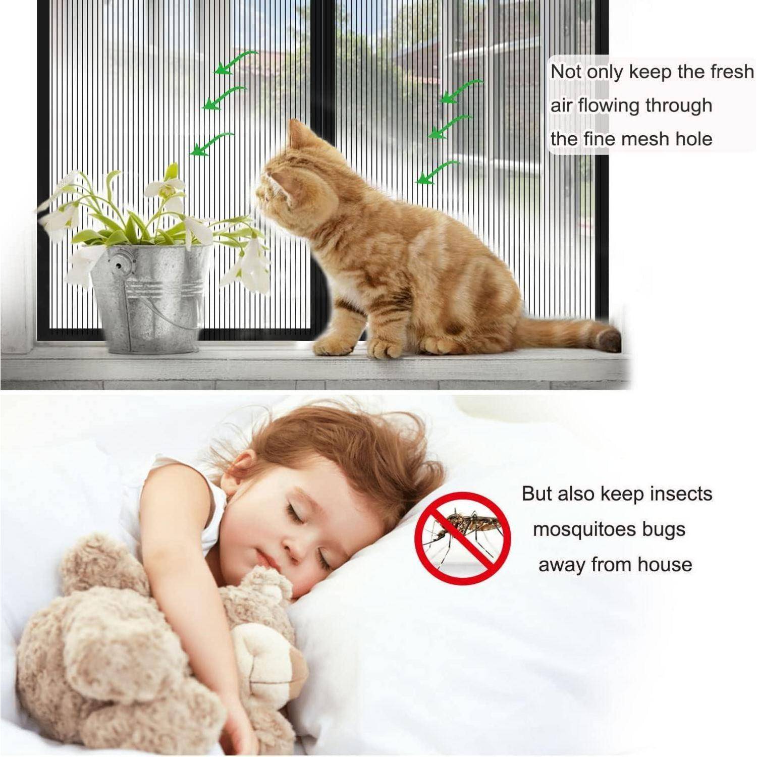 Werbebild mit einem Fliegengitter-Fenster, das frische Luft durchlässt und gleichzeitig Insekten abhält. Das Bild zeigt eine Katze am Fenster und ein schlafendes Kind.