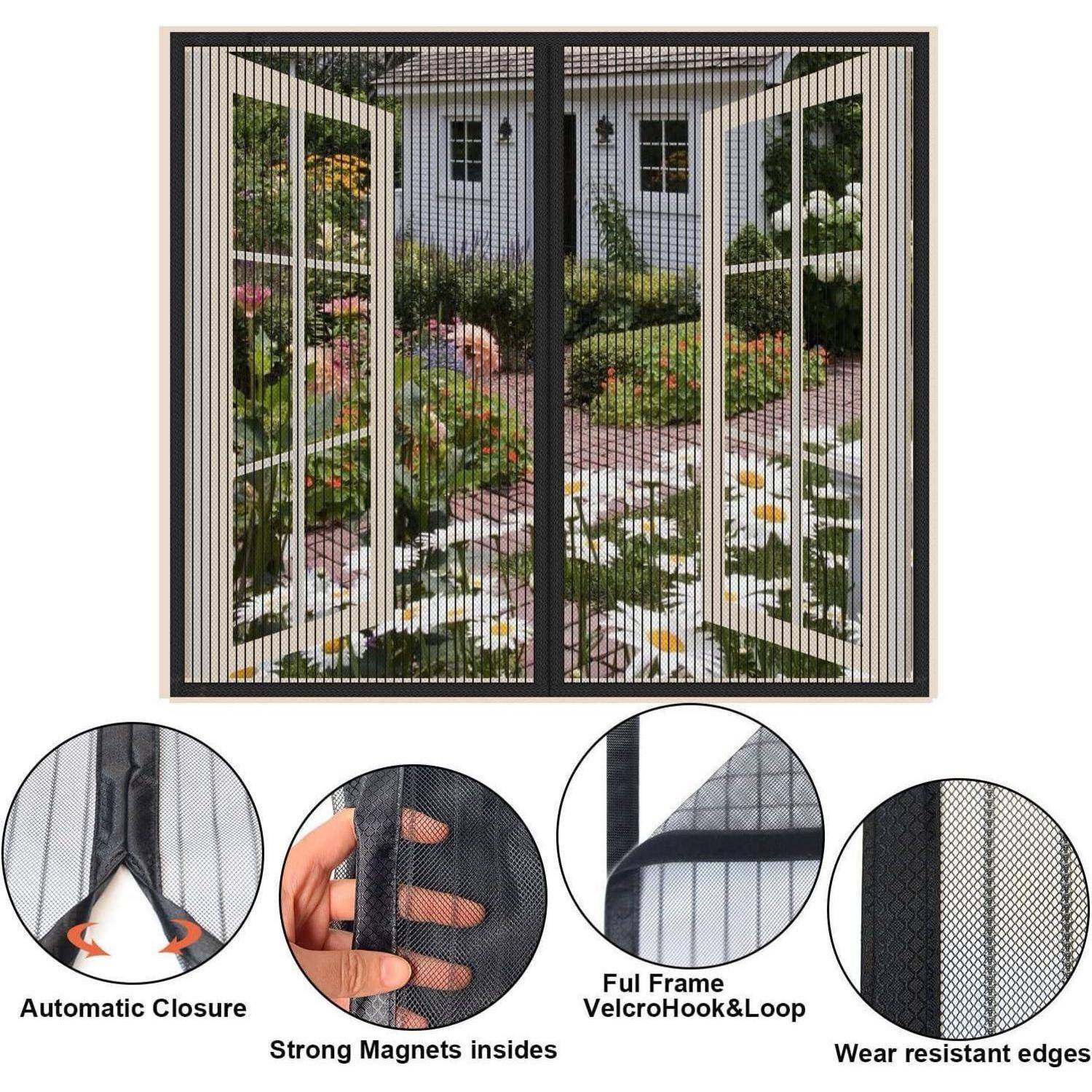 Ausfahrbarer Fliegengitterrollo für die Terrassengartentür mit Nahaufnahmen, die den automatischen Verschluss, starke Magnete, vollflächiges Velcro-Klettband und verschleißfeste Kanten hervorheben.