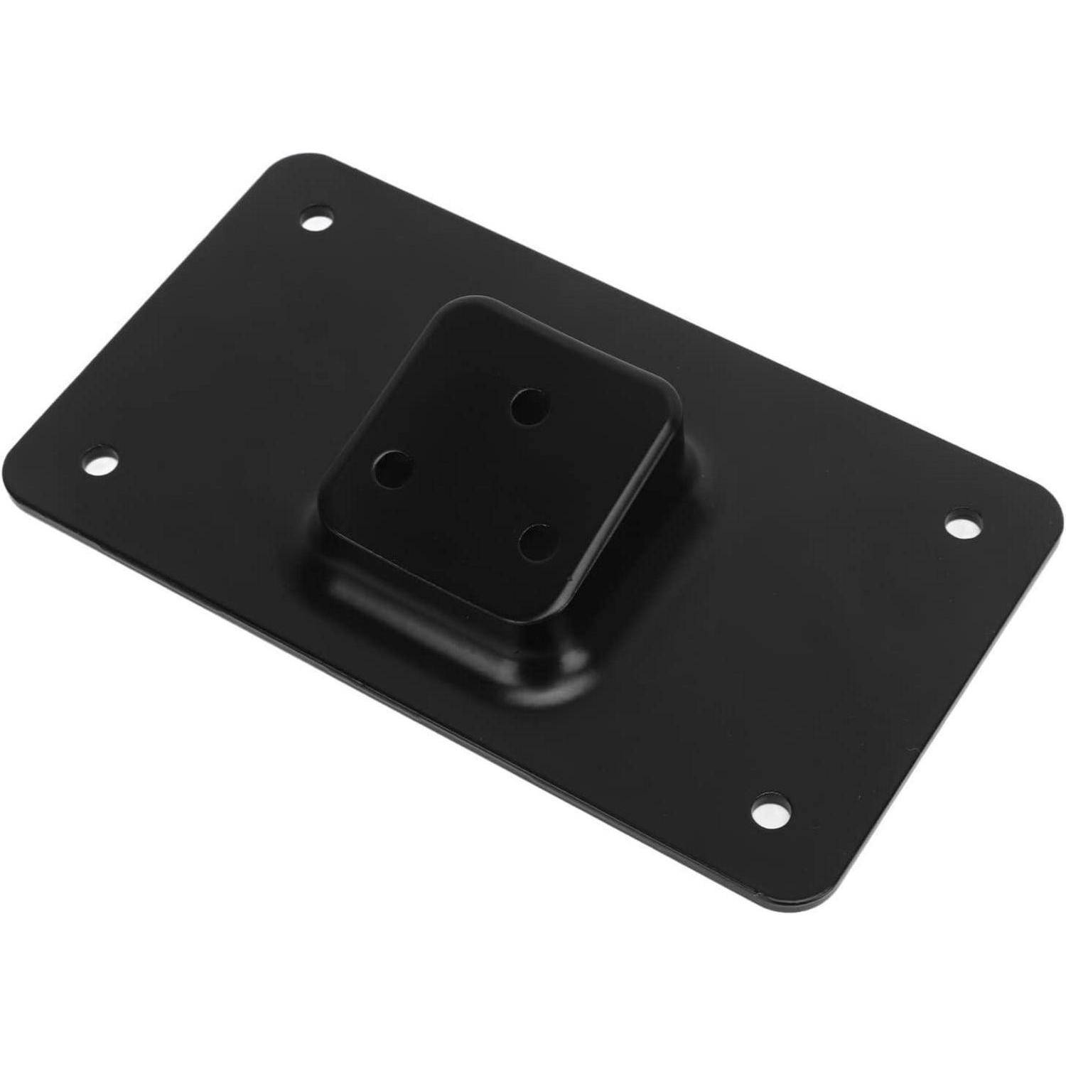 Schwarze Metallmontageplatte mit erhöhter zentraler quadratischer Halterung und vier Schraubenlöchern in den Ecken, dargestellt auf weißem Hintergrund.