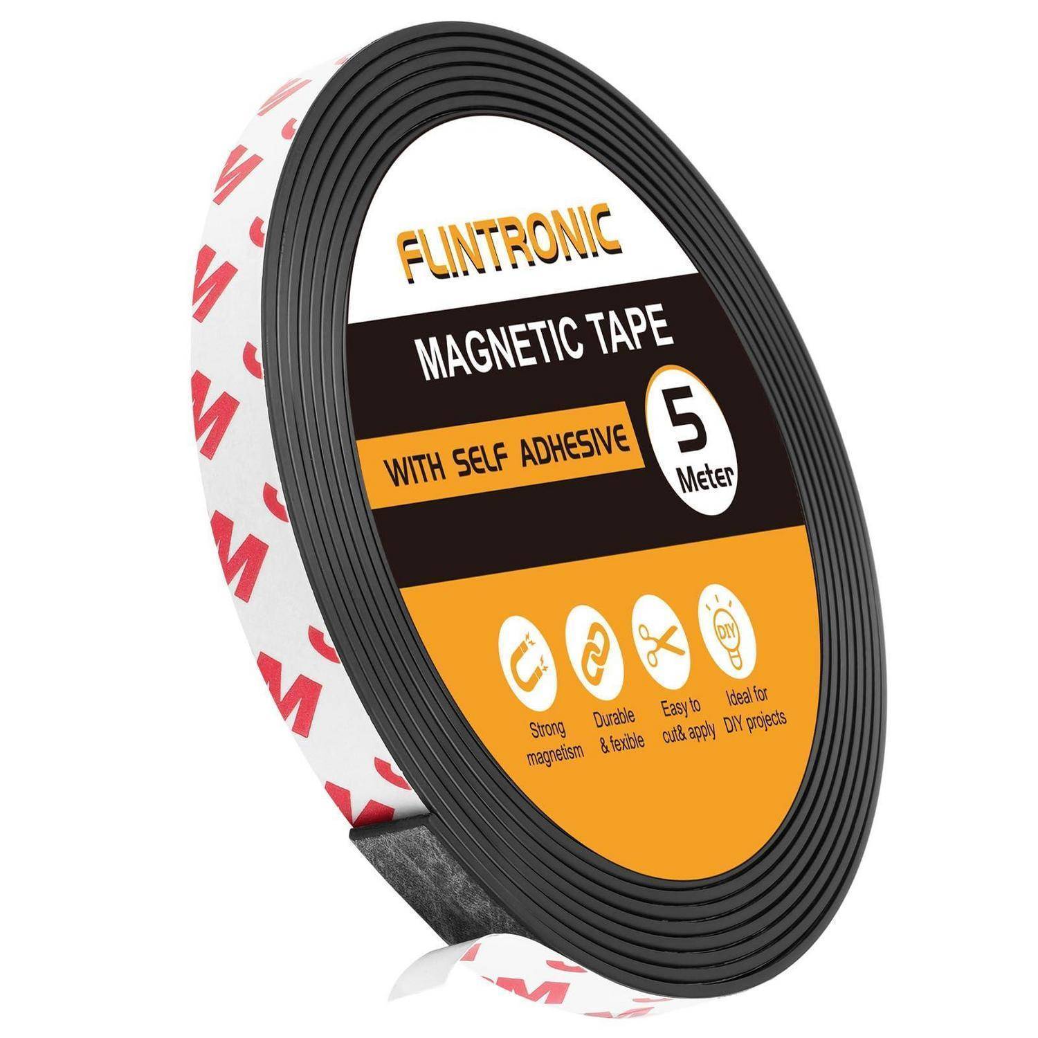 Runde Rolle FUNTRONIC Magnetband mit selbstklebender Rückseite, mit der Bezeichnung 5 Meter, gezeigt in der Produktverpackung.