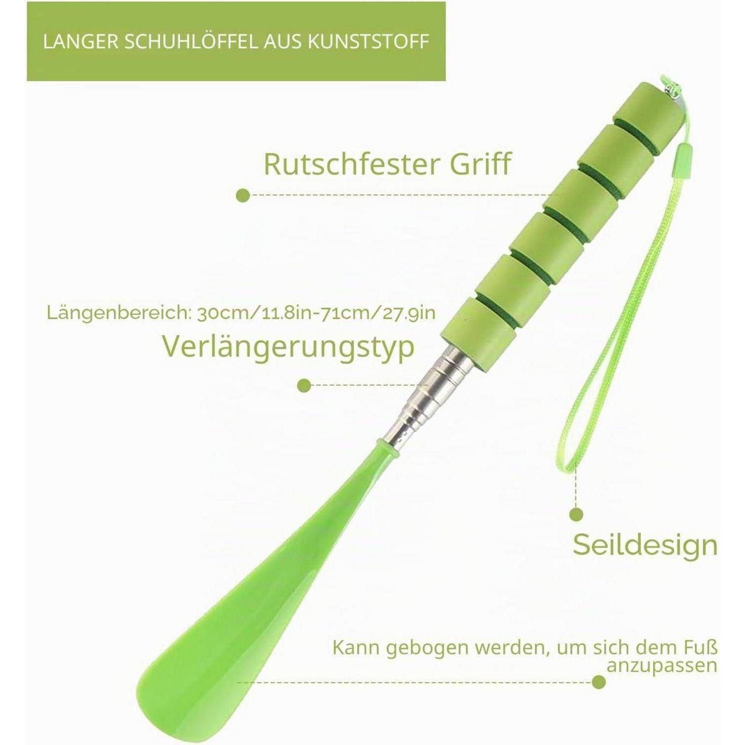 Grüner Schuhanzieher aus Kunststoff mit langem Griff, rutschfestem Griff, verstellbarer Verlängerung, Schlaufenschlaufe und flexiblem Löffellöffel; auf Deutsch beschriftet.
