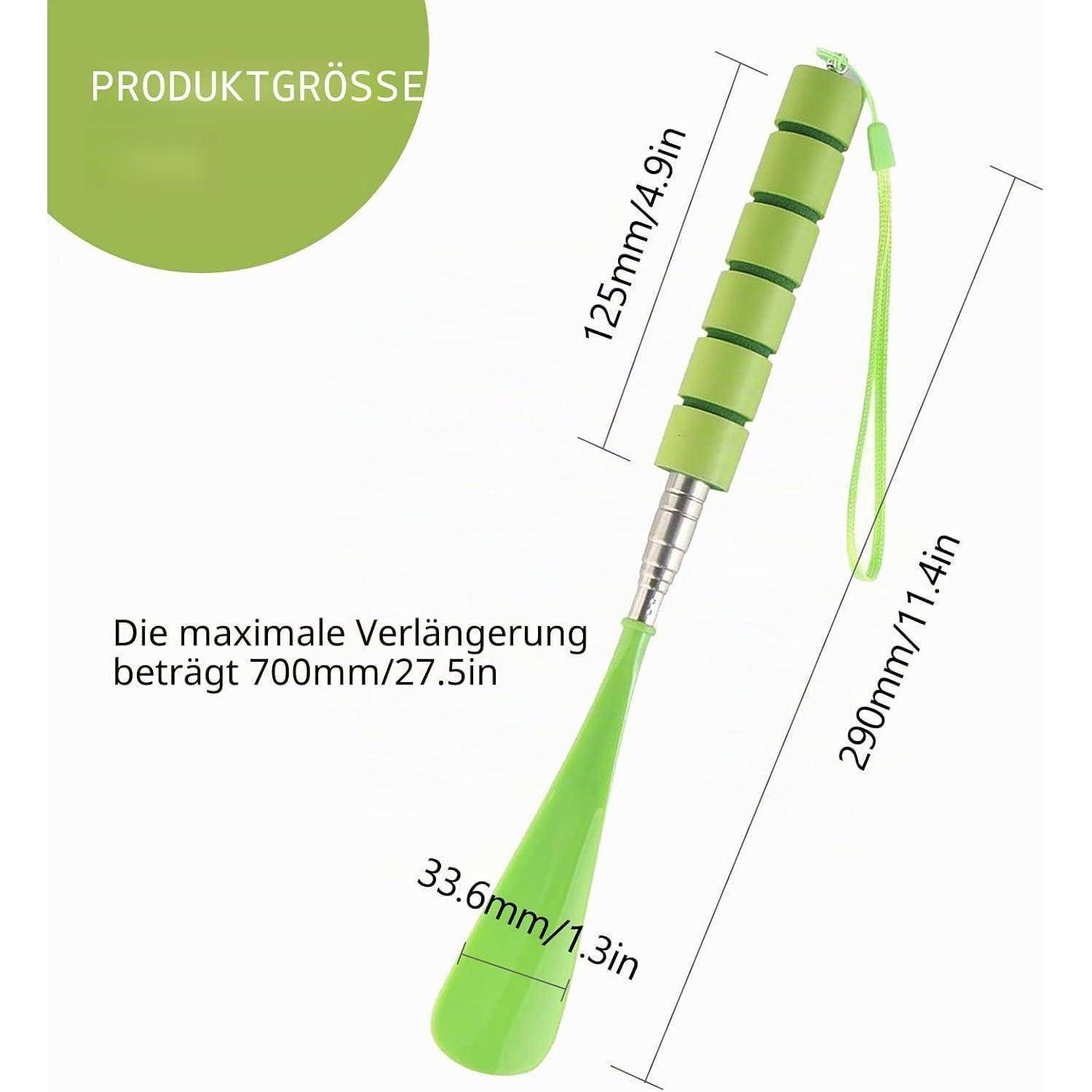 Abbildung eines grünen ausziehbaren Greifwerkzeugs mit der Bezeichnung „PRODUKTGRÖSSE