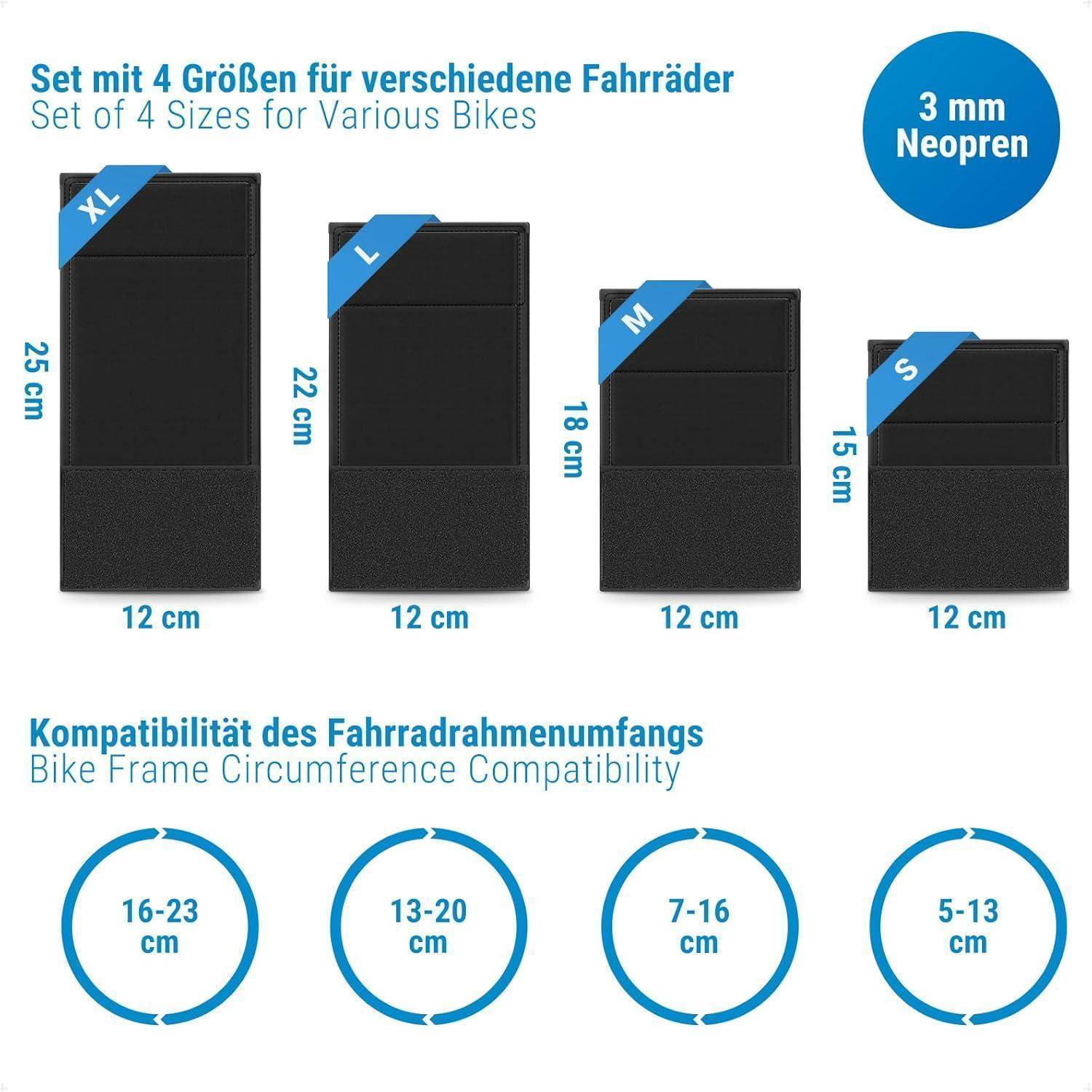 Infografik zeigt ein Set von 4 schwarzen Neopren-Fahrradrahmen-Schutzvorrichtungen in den Größen XL, L, M und S mit Abmessungen und Kompatibilitätsbereichen für den Fahrradrahmenumfang.