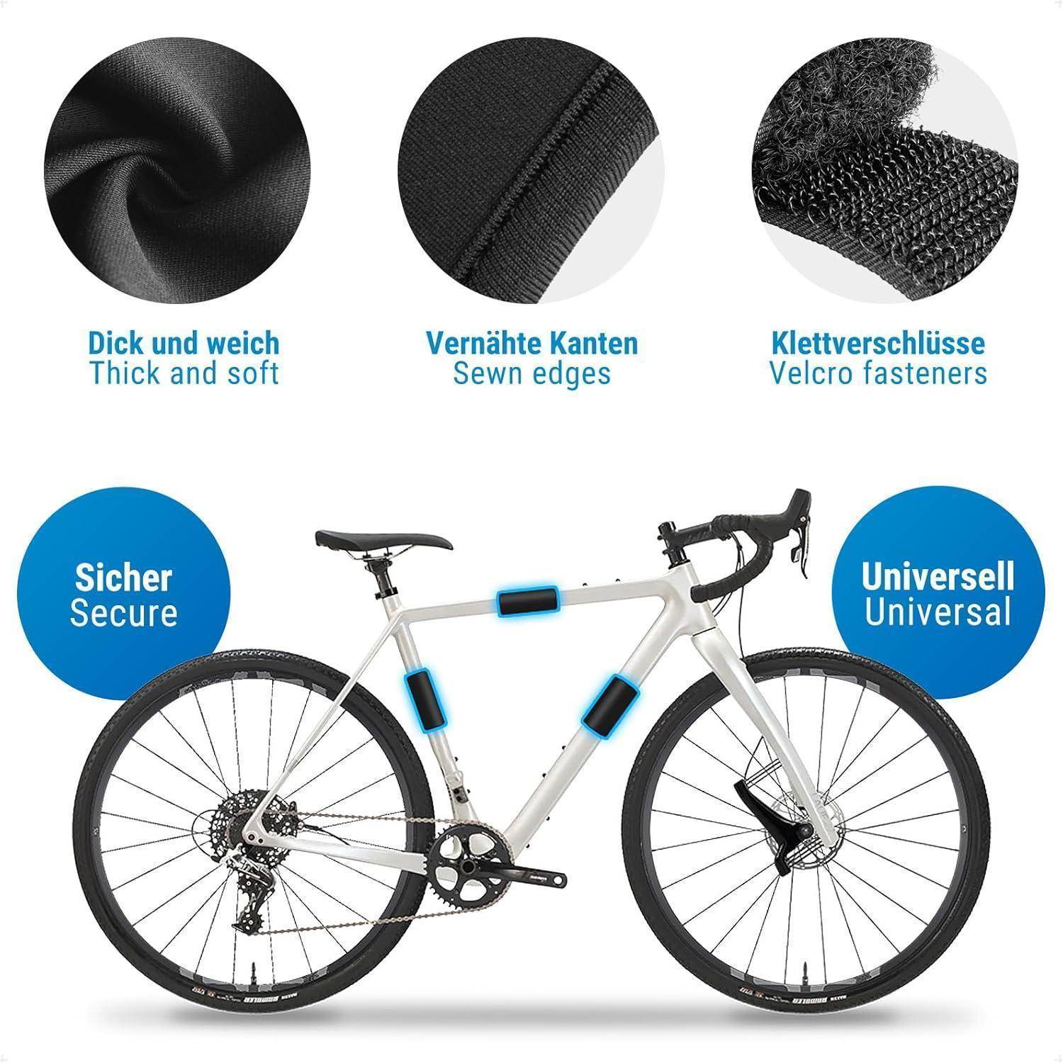 Fahrradrahmen-Schutzpolster in Großaufnahme und am Fahrrad gezeigt, mit dickem weichem Material, genähten Kanten und Klettverschlüssen für sichere universelle Passform.