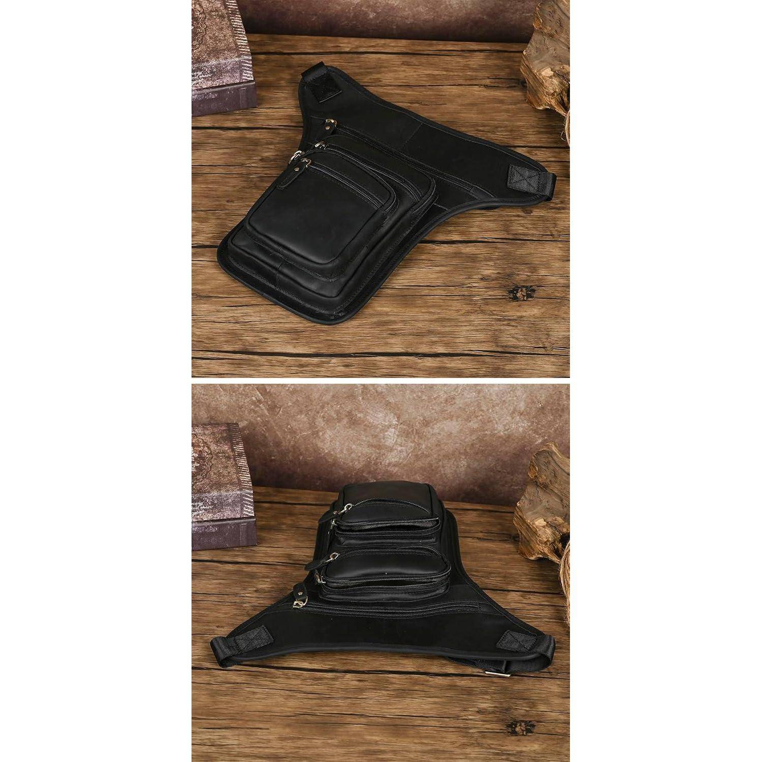 Schwarze Lederbeinschenkel-Tasche mit mehreren Reißverschlusstaschen, gezeigt in zwei Ansichten auf einer Holzoberfläche.