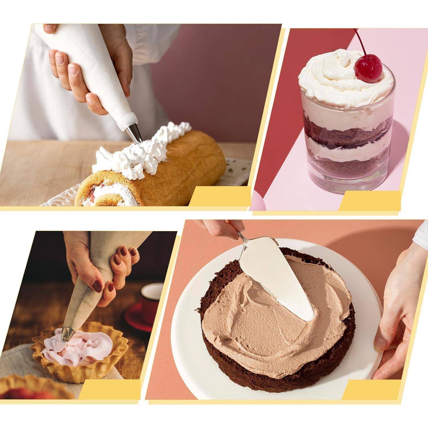 Collage von Händen, die Desserts mit Schlagsahne und Glasur dekorieren, darunter eine Biskuitrolle, ein geschichtetes Parfait, eine Torte und ein glasierter Kuchen.