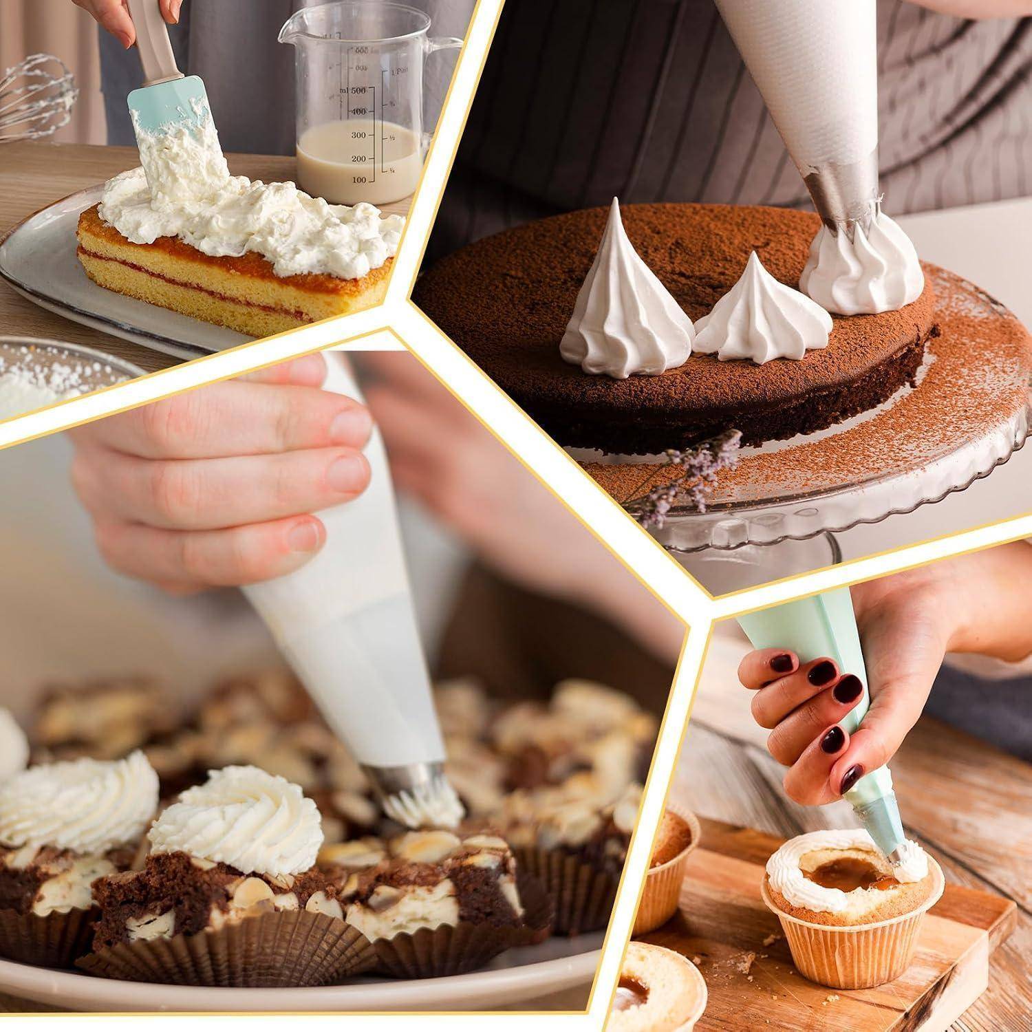 Collage von Desserts, die mit Spritzbeuteln verziert werden: Kuchen und Cupcakes mit Schlagsahne oder Glasur belegt in einer Backküche.