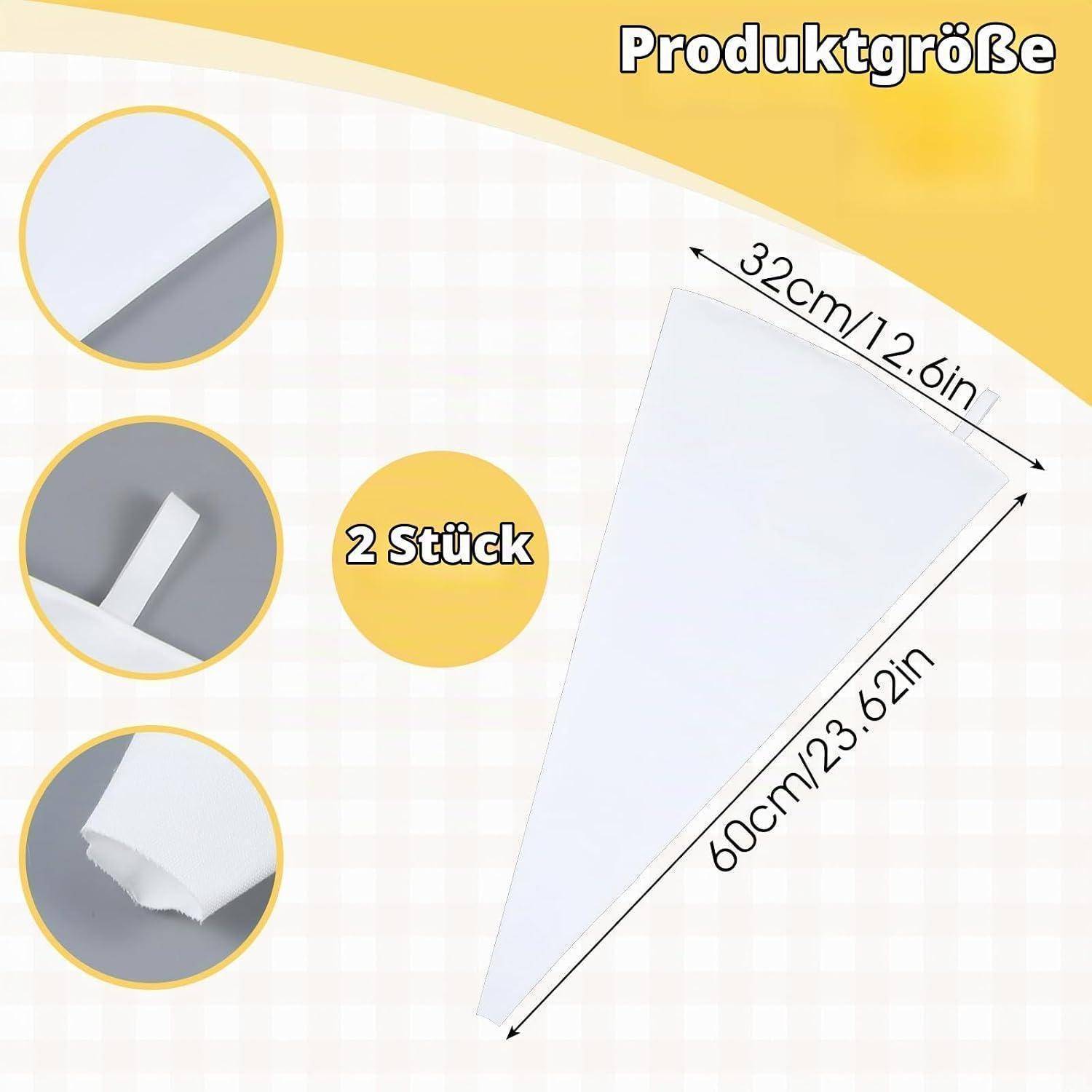 Produktgrößengrafik, die zwei weiße dreieckige Blätter zeigt, die mit 32 cm x 60 cm gekennzeichnet sind, mit „2 Stück