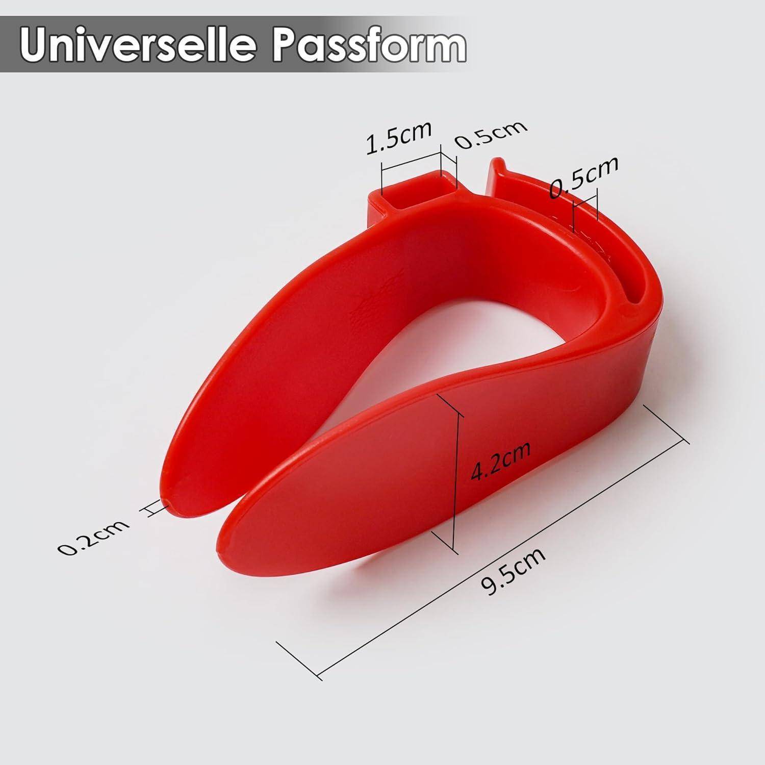 Rote universelle Gebäckform mit der Bezeichnung „Universelle Passform